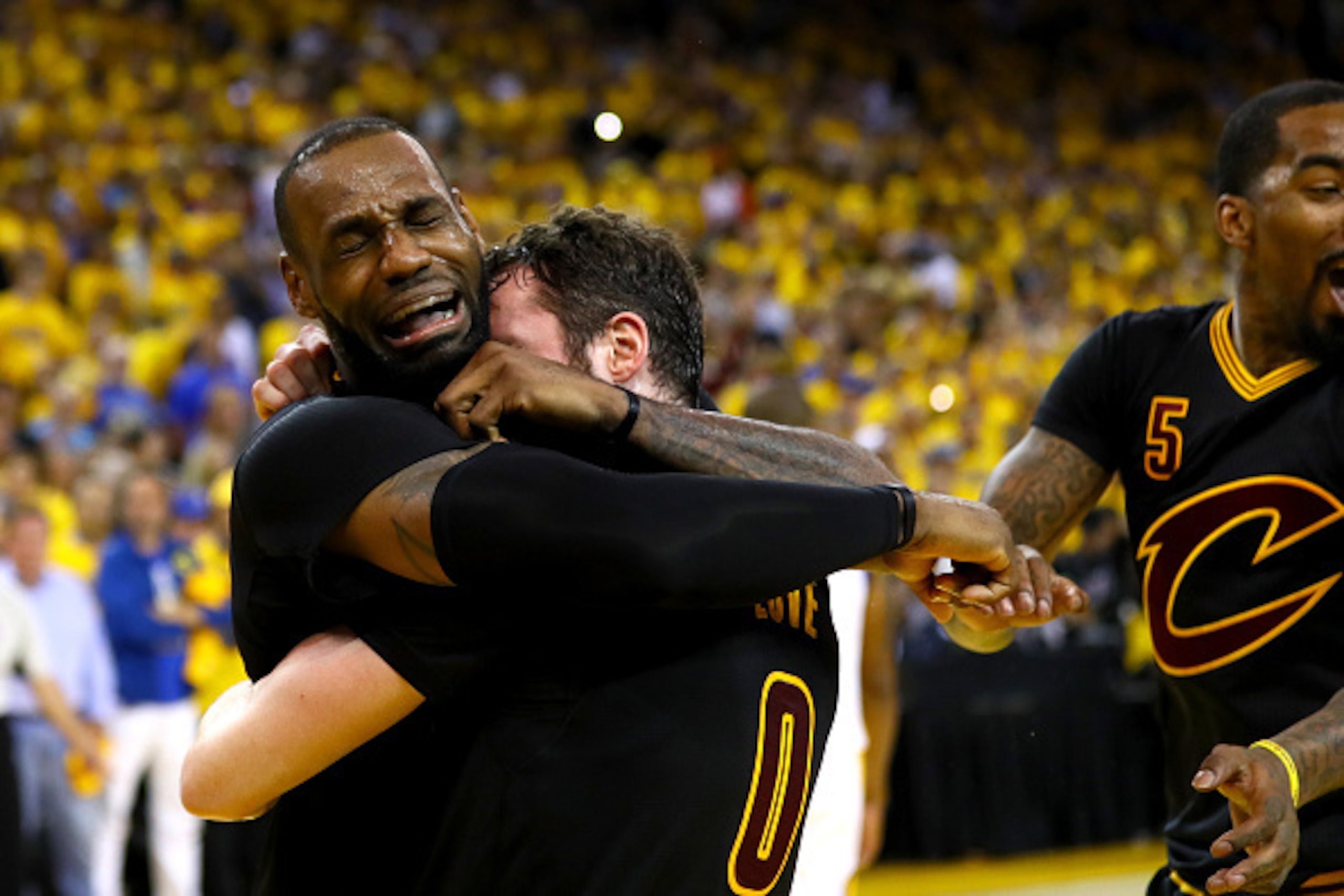 OAKLAND, CA - JUNE 19:  LeBron James #23 and Kevin Love #0 of the Cleveland Cavaliers celebrate after defeating the Golden State Warriors 93-89 in Game 7 of the 2016 NBA Finals at ORACLE Arena on June 19, 2016 in Oakland, California. NOTE TO USER: User ex