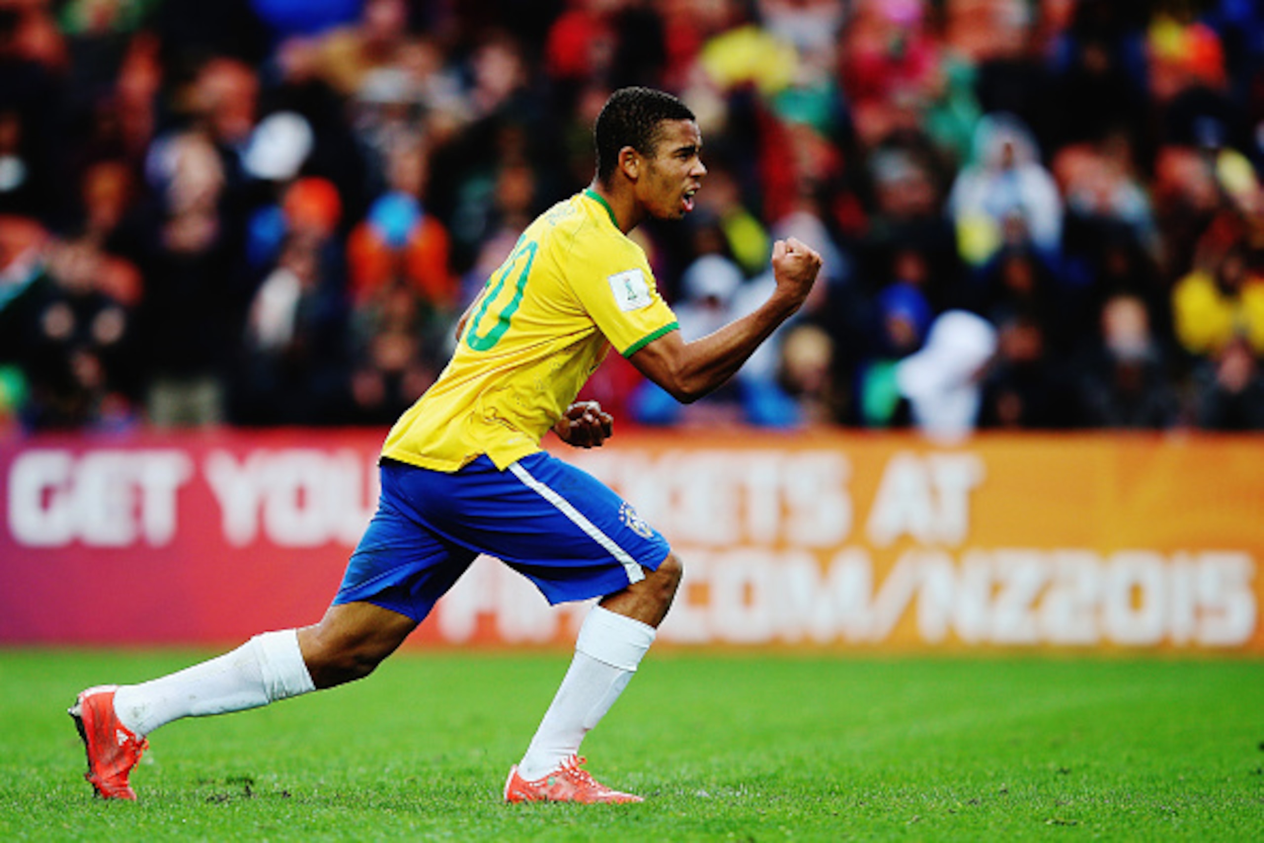 HAMILTON, NEW ZEALAND - JUNE 14:  Gabriel Jesus of Brazil celebrates after scoring a goal during a penalty shoot out during the FIFA U-20 World Cup New Zealand 2015 quarter final match between Brazil and Portugal held at Waikato Stadium on June 14, 2015 i