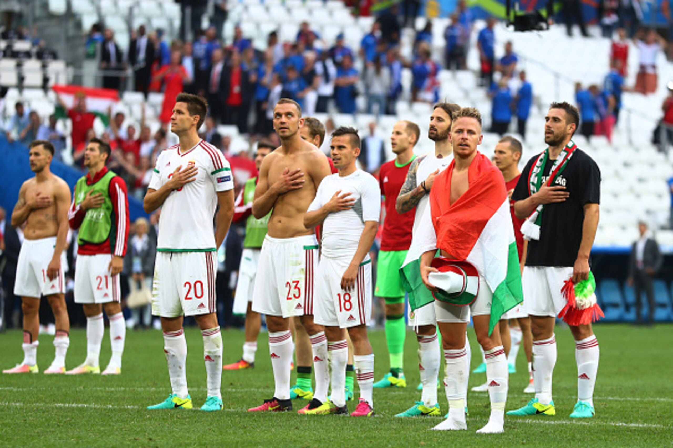 MARSEILLE, FRANCE - JUNE 18:  Hungary players celebrate with supporters after the full time whistle during the UEFA EURO 2016 Group F match between Iceland and Hungary at Stade Velodrome on June 18, 2016 in Marseille, France.  (Photo by Lars Baron/Getty I