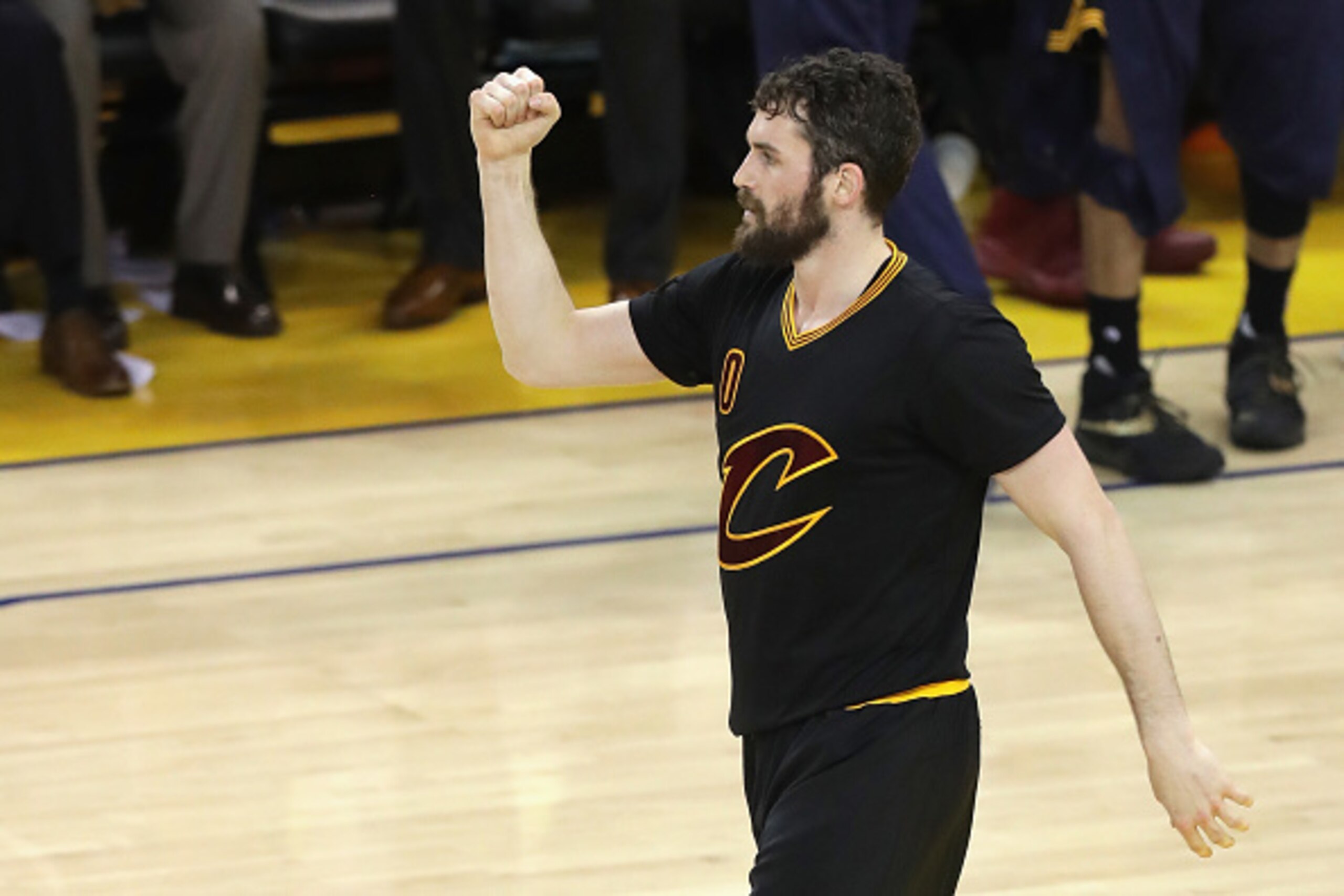 OAKLAND, CA - JUNE 19: Kevin Love #0 of the Cleveland Cavaliers reacts during the first half against the Golden State Warriors in Game 7 of the 2016 NBA Finals at ORACLE Arena on June 19, 2016 in Oakland, California. NOTE TO USER: User expressly acknowle OAKLAND, CA - JUNE 19: Kevin Love #0 of the Cleveland Cavaliers reacts during the first half against the Golden State Warriors in Game 7 of the 2016 NBA Finals at ORACLE Arena on June 19, 2016 in Oakland, California. NOTE TO USER: User expressly acknowle