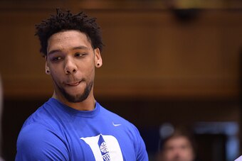 DURHAM, NC - FEBRUARY 13: Former Duke player Jahlil Okafor attends the game between the Virginia Cavaliers and the Duke Blue Devils at Cameron Indoor Stadium on February 13, 2016 in Durham, North Carolina. (Photo by Lance King/Getty Images)