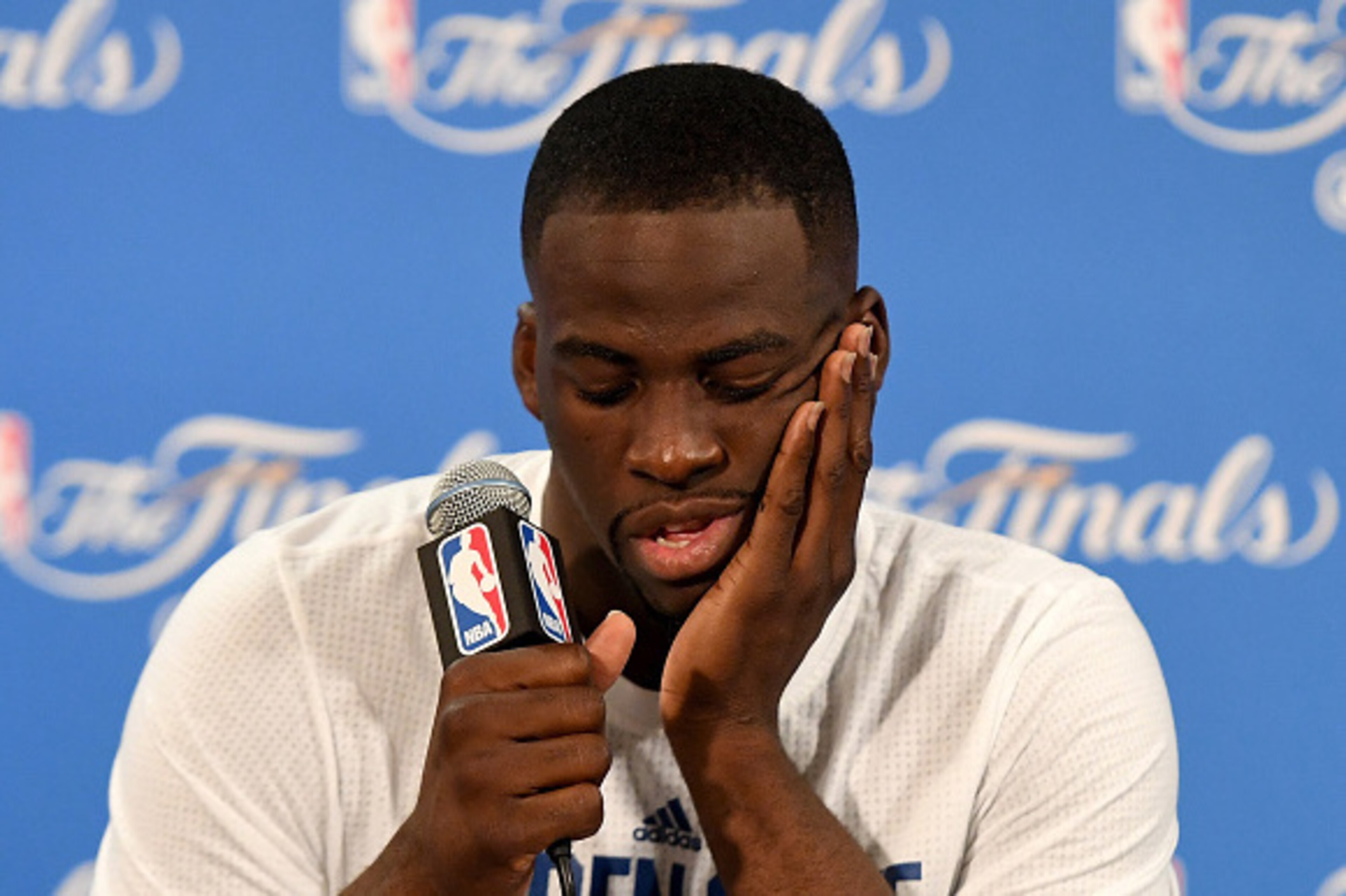 OAKLAND, CA - JUNE 19:  Draymond Green #23 of the Golden State Warriors speaks to members of the media after being defeated by the Cleveland Cavaliers in Game 7 of the 2016 NBA Finals at ORACLE Arena on June 19, 2016 in Oakland, California. NOTE TO USER: 