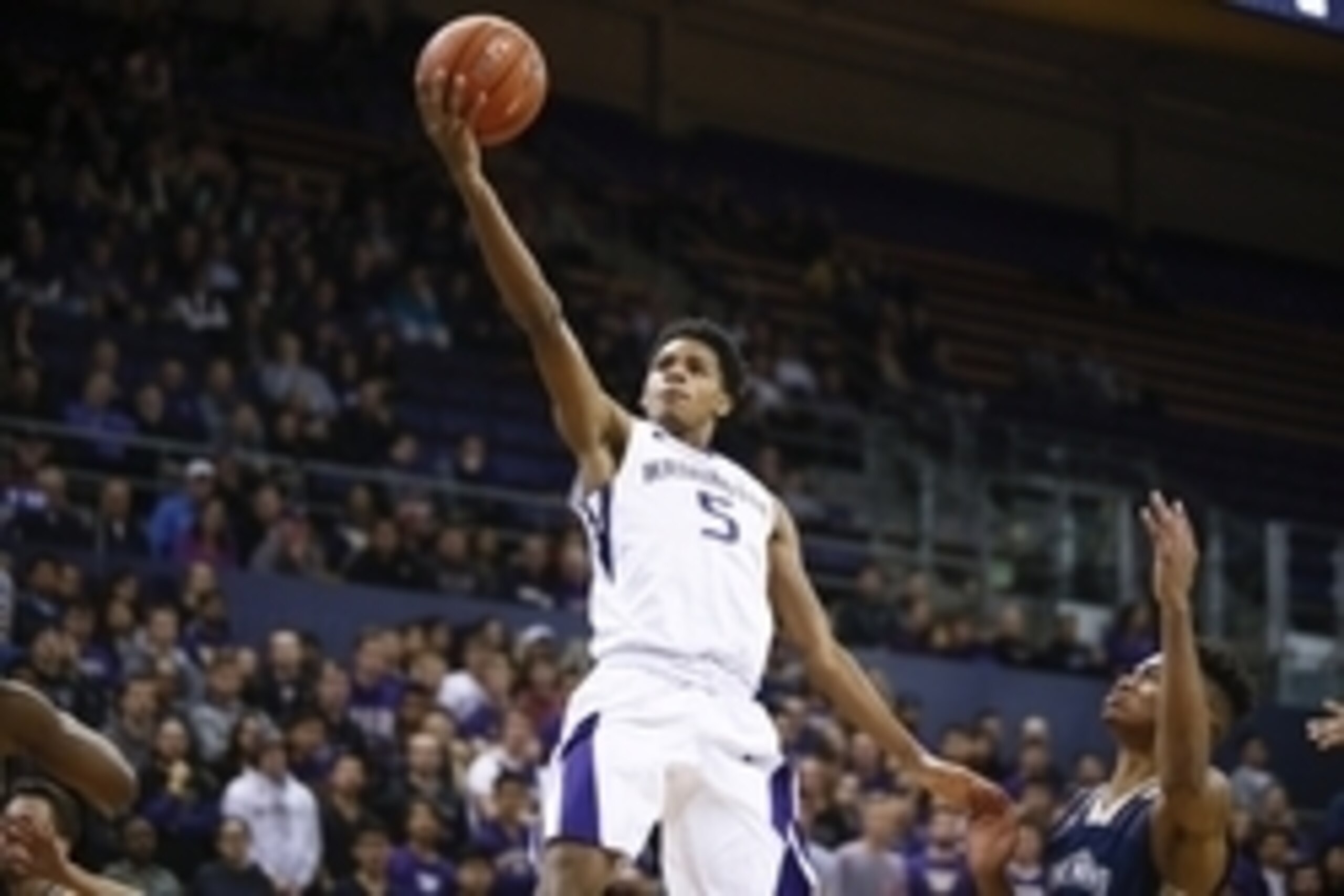 Nov 19, 2015; Seattle, WA, USA; Washington Huskies guard Dejounte Murray (5) shoots the ball against the Mount St. Mary's Mountaineers during the second half at Alaska Airlines Arena. The Huskies won 100-67. Mandatory Credit: Joe Nicholson-USA TODAY Sport Nov 19, 2015; Seattle, WA, USA; Washington Huskies guard Dejounte Murray (5) shoots the ball against the Mount St. Mary's Mountaineers during the second half at Alaska Airlines Arena. The Huskies won 100-67. Mandatory Credit: Joe Nicholson-USA TODAY Sport