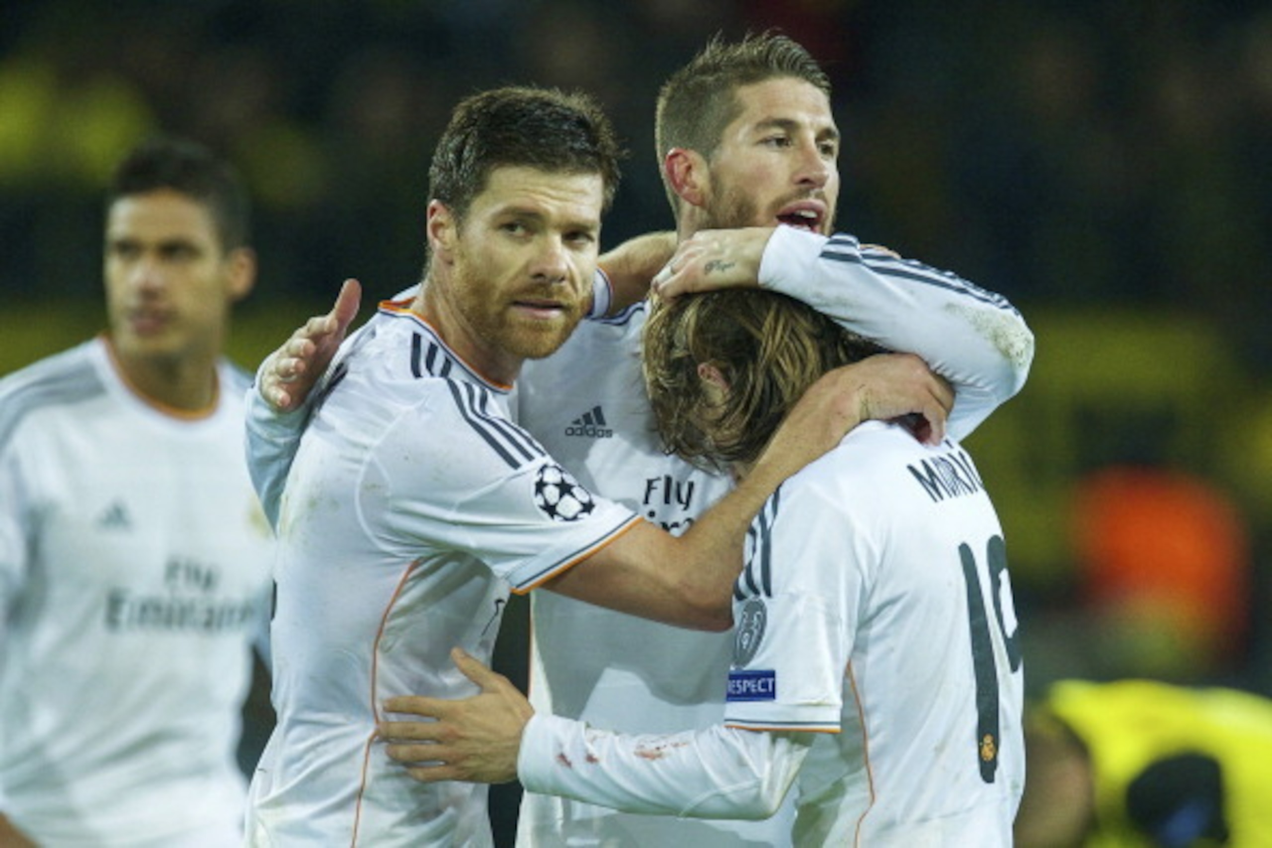 (L-R) Raphael Varane of Real Madrid, Xabi Alonso of Real Madrid, Sergio Ramos of Real Madrid, Luka Modric of Real Madrid during the UEFA Champions League match between Borussia Dortmund and Real Madrid on April 8, 2013 at the Signal Iduna Park stadium in 