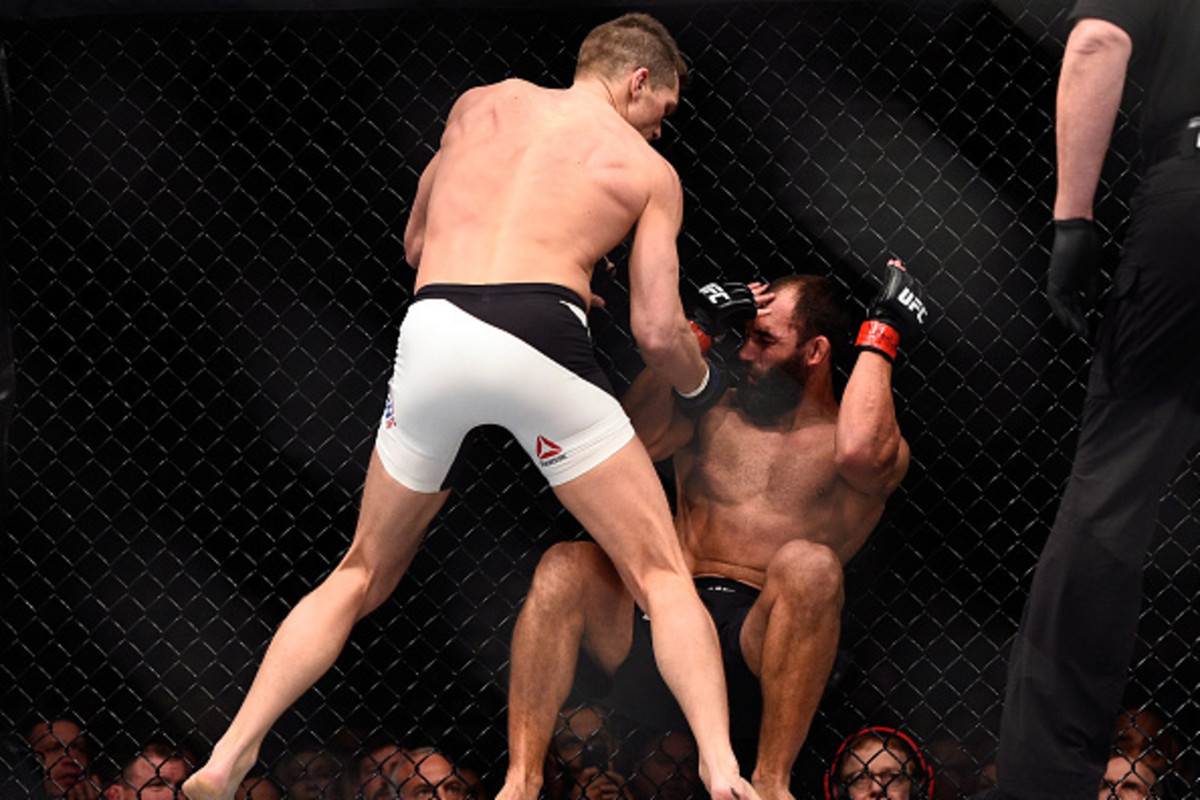LAS VEGAS, NEVADA - FEBRUARY 06:  (L-R) Stephen Thompson punches Johny Hendricks during the UFC Fight Night event inside MGM Grand Garden Arena on February 6, 2016 in Las Vegas Nevada. (Photo by Jeff Bottari/Zuffa LLC/Zuffa LLC via Getty Images)