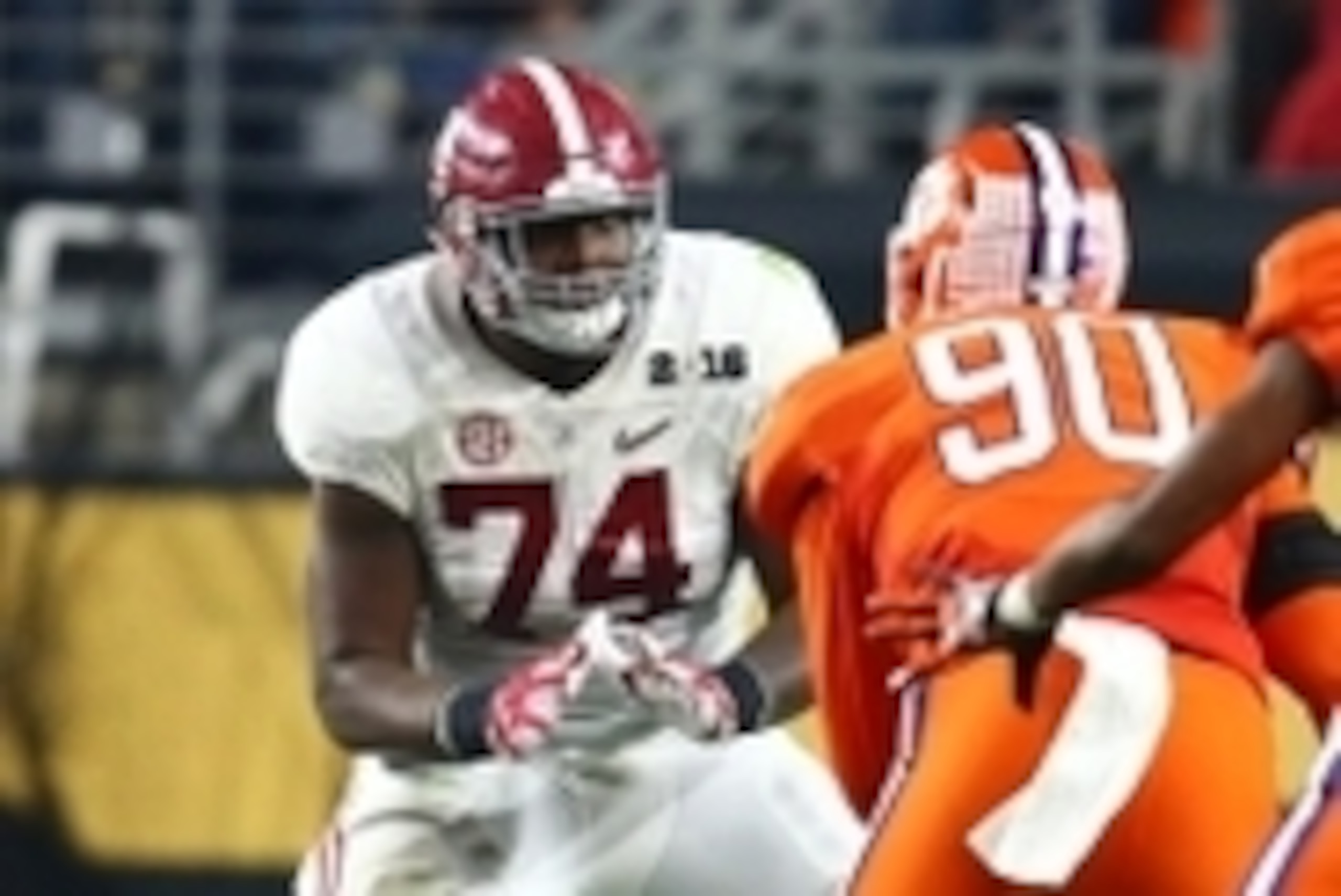Jan 11, 2016; Glendale, AZ, USA; Alabama Crimson Tide offensive lineman Cam Robinson (74) against the Clemson Tigers in the 2016 CFP National Championship at University of Phoenix Stadium. Mandatory Credit: Mark J. Rebilas-USA TODAY Sports Jan 11, 2016; Glendale, AZ, USA; Alabama Crimson Tide offensive lineman Cam Robinson (74) against the Clemson Tigers in the 2016 CFP National Championship at University of Phoenix Stadium. Mandatory Credit: Mark J. Rebilas-USA TODAY Sports
