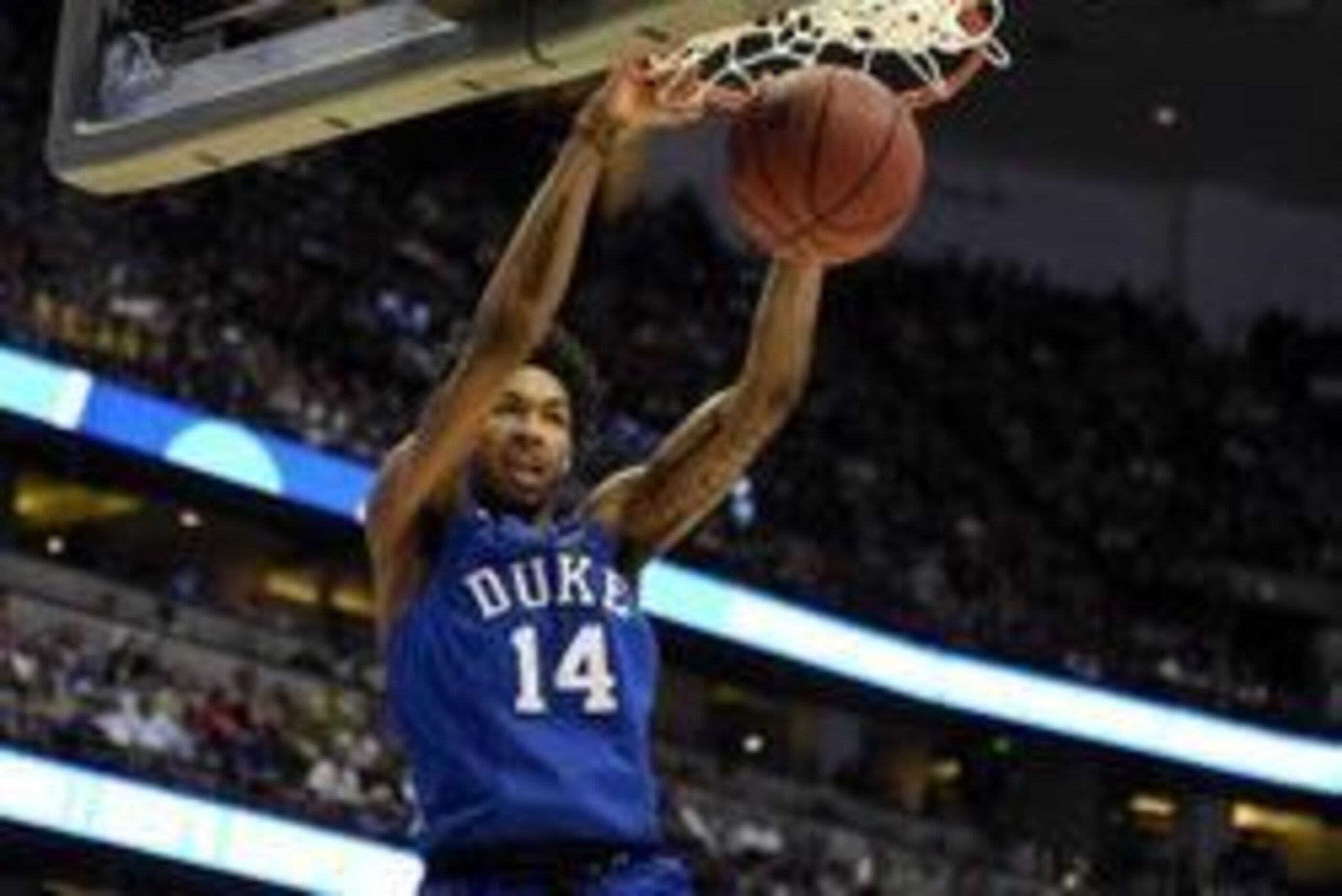 March 24, 2016; Anaheim, CA, USA; Duke Blue Devils guard Brandon Ingram (14) dunks to score a basket against Oregon Ducks during the second half  of the semifinal game in the West regional of the NCAA Tournament at Honda Center. Mandatory Credit: Richard 