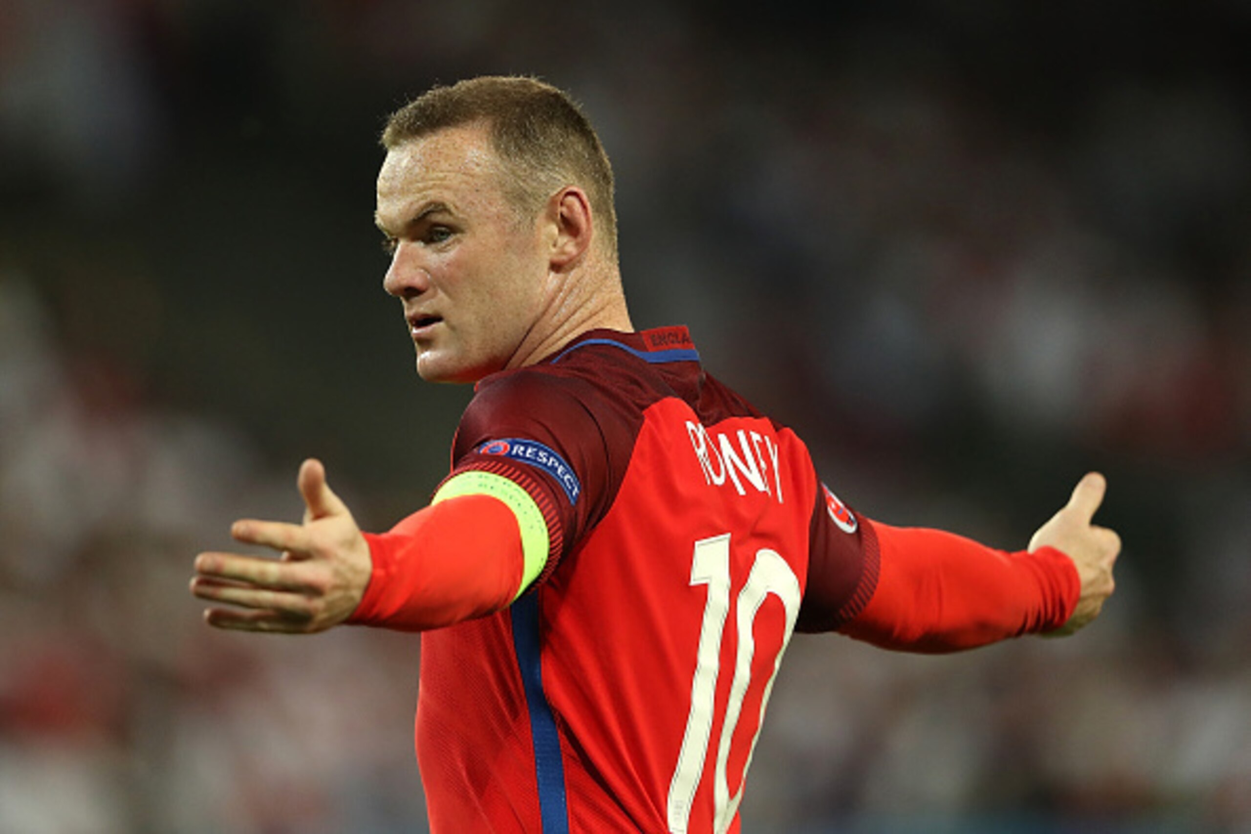 SAINT-ETIENNE, FRANCE - JUNE 20:  Wayne Rooney of England reacts during the UEFA EURO 2016 Group B match between Slovakia and England at Stade Geoffroy-Guichard on June 20, 2016 in Saint-Etienne, France.  (Photo by Matthew Ashton - AMA/Getty Images)