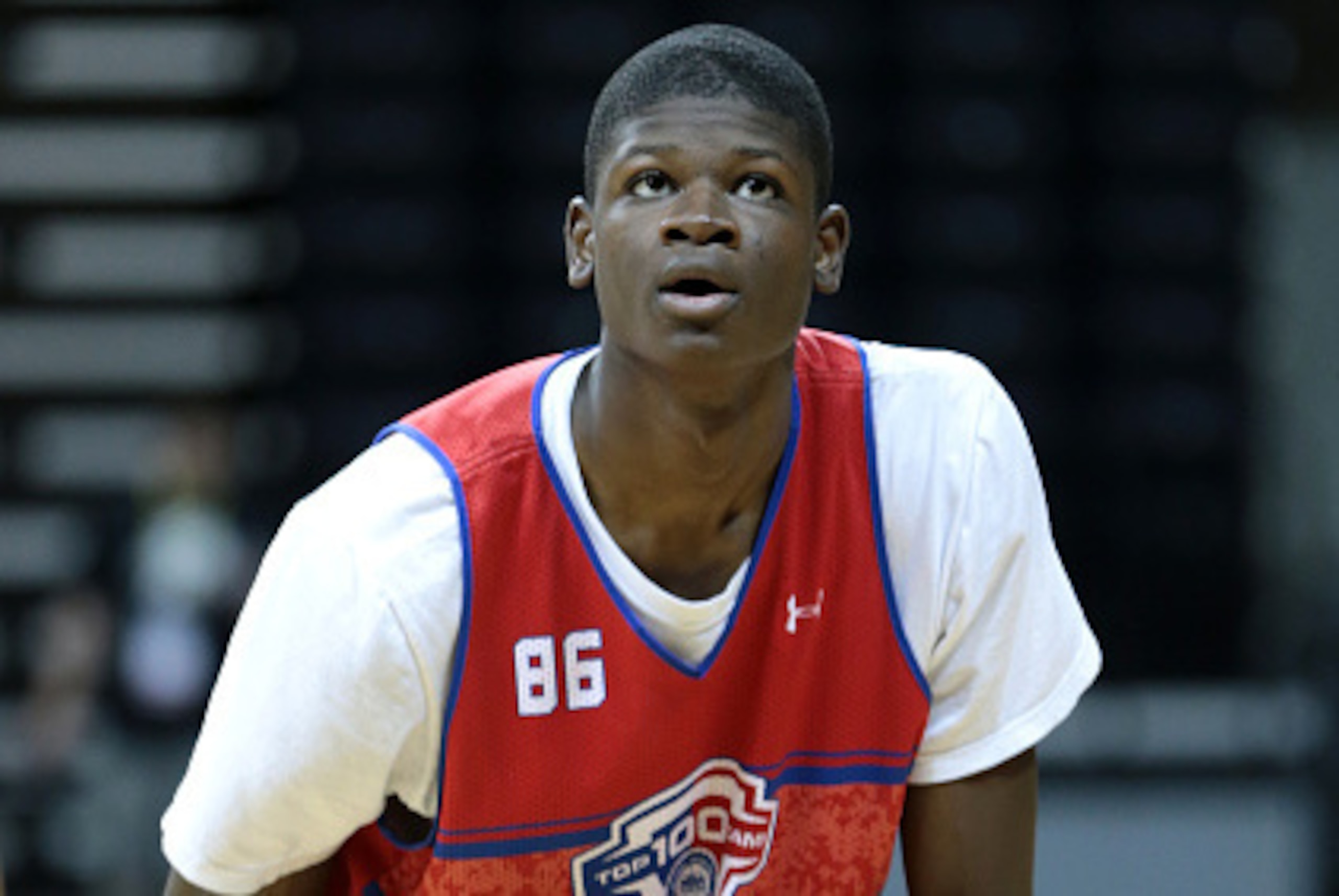 CHARLOTTESVILLE, VA - JUNE 19: Mohamed Bamba #86 in red shoots a layup during the NBPA Top 100 Camp on June 19, 2015 at John Paul Jones Arena in Charlottesville, Virginia. (Photo by Kelly Kline/Getty Images)