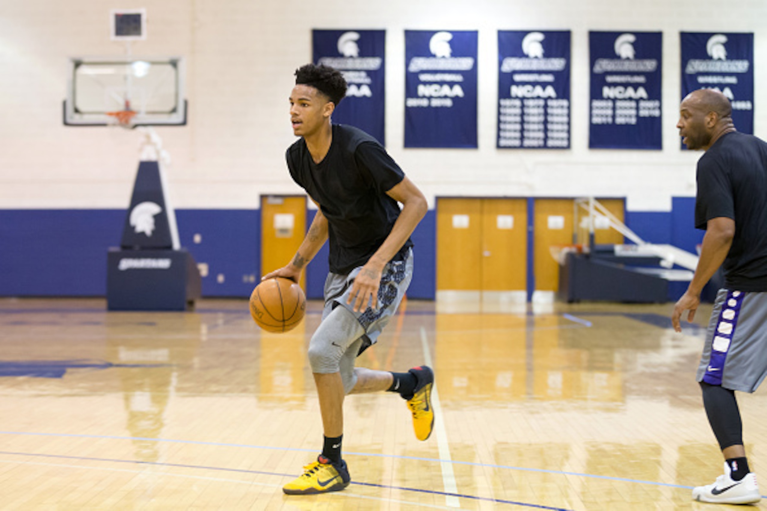 CLEVELAND, OH - MAY 19: Draft Prospect Dejounte Murray drives during a workout at the Veale Center at Case Western Reserve University on May 19, 2016 in Cleveland, Ohio. NOTE TO USER: User expressly acknowledges and agrees that, by downloading and/or usin CLEVELAND, OH - MAY 19: Draft Prospect Dejounte Murray drives during a workout at the Veale Center at Case Western Reserve University on May 19, 2016 in Cleveland, Ohio. NOTE TO USER: User expressly acknowledges and agrees that, by downloading and/or usin