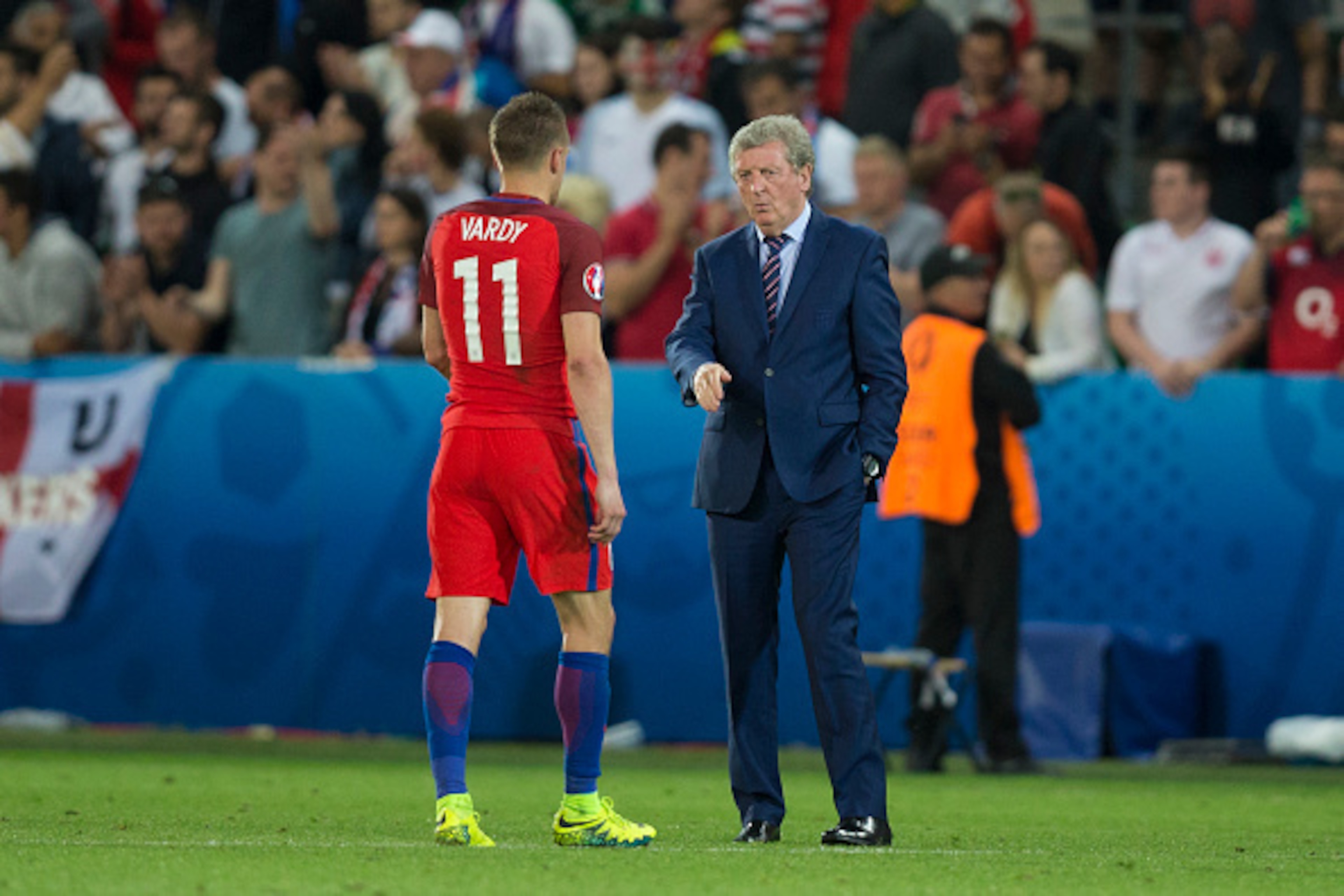 ST ETIENNE, FRANCE - JUNE 20:  England's Jamie Vardy gets a handshake from England's Manager Roy Hodgson at full time after the UEFA Euro 2016 Group B match between Slovakia and England at Stade Geoffroy Guichard on June 20 in St Etienne, France.  (Photo 