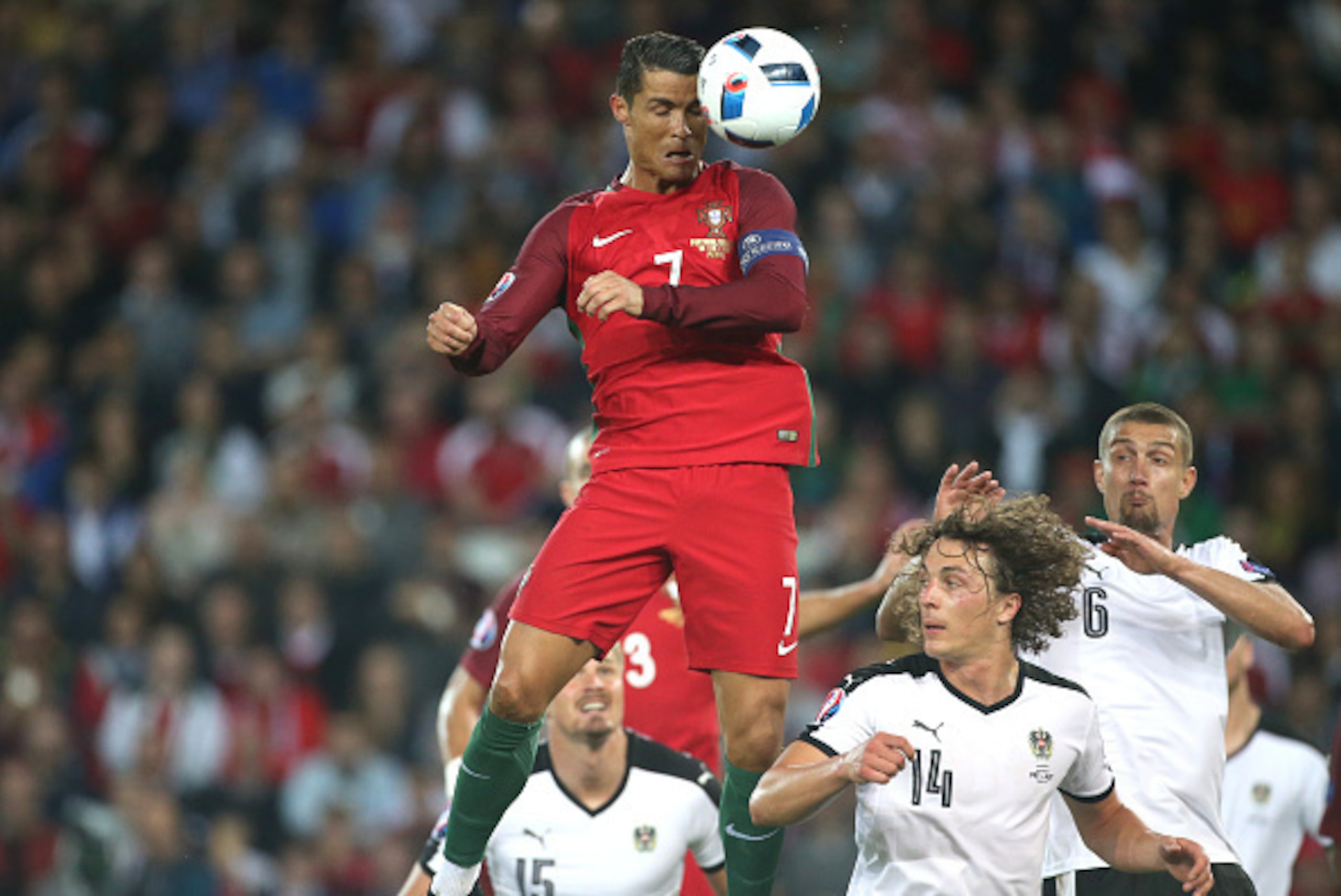 PARIS, FRANCE - JUNE 18: Cristiano Ronaldo of Portugal in action during the UEFA EURO 2016 Group F match between Portugal and Austria at Parc des Princes on June 18, 2016 in Paris, France. (Photo by Jean Catuffe/Getty Images)