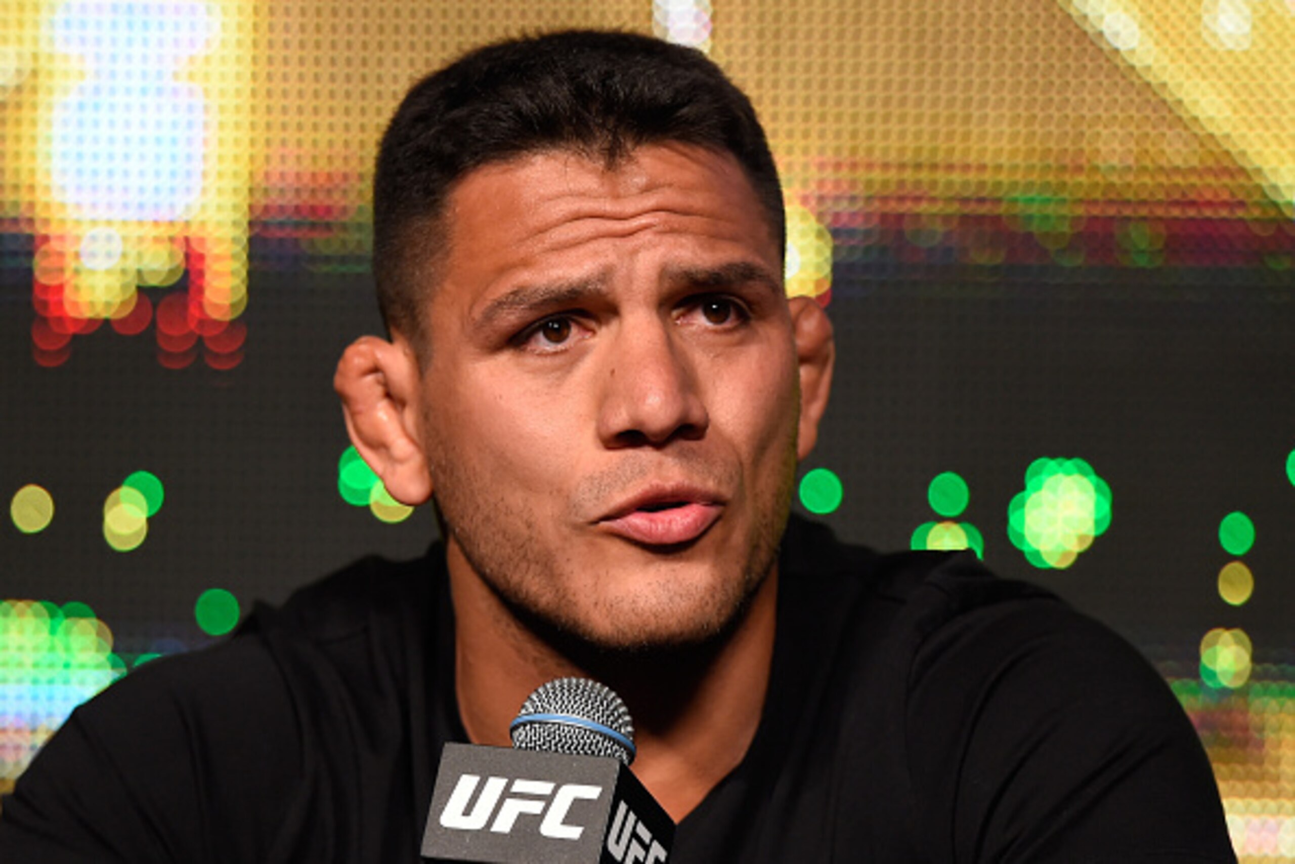 LAS VEGAS, NV - APRIL 20:   UFC lightweight champion Rafael Dos Anjos of Brazil interacts with media during the UFC 200 press conference at the MGM Grand Garden Arena on April 20, 2016 in Las Vegas, Nevada. (Photo by Josh Hedges/Zuffa LLC/Zuffa LLC via Ge