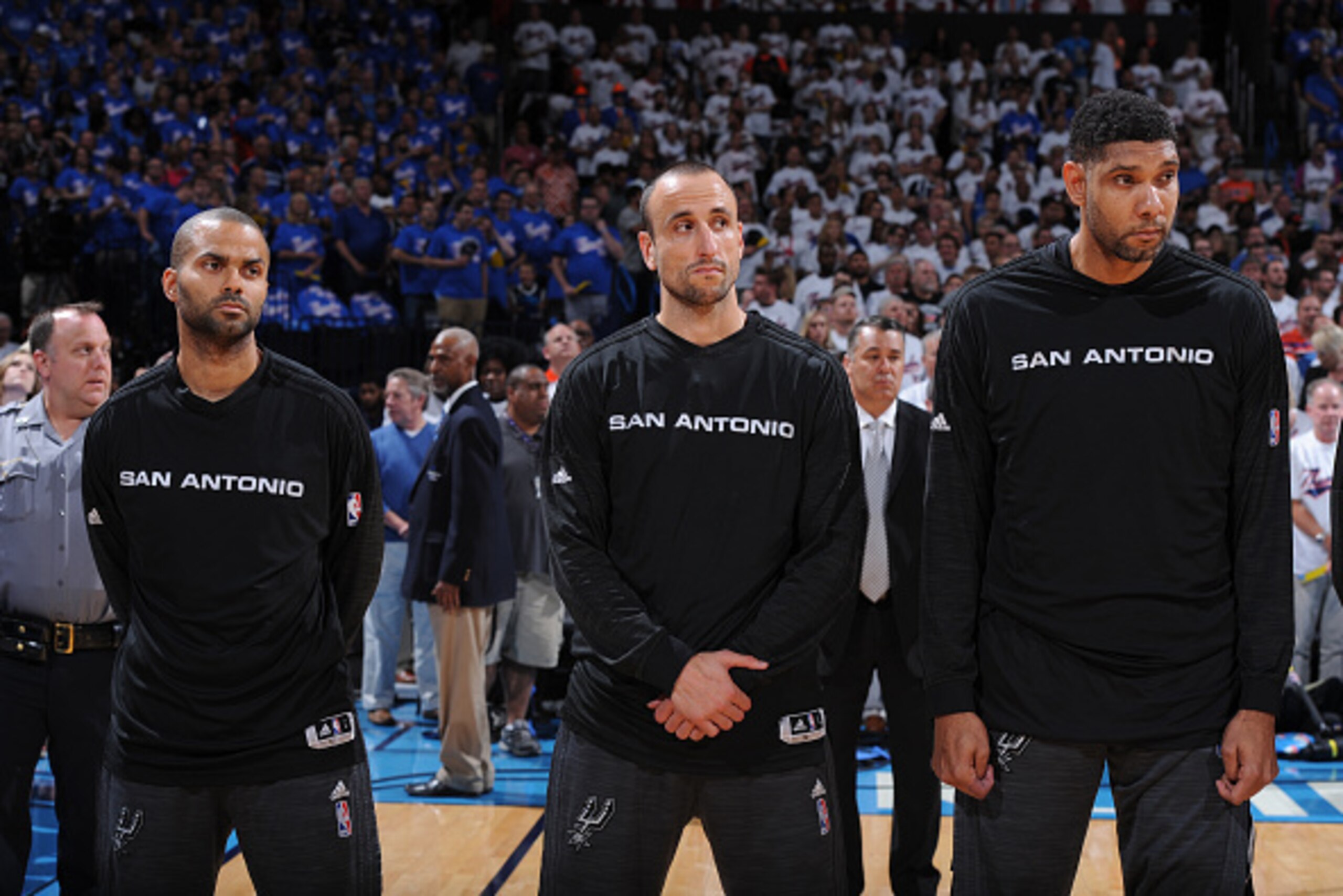 SSAN ANTONIO, TX - MAY 6: Tony Parker #9, Manu Ginobili #20, Tim Duncan #21 of the San Antonio Spurs are seen before the game against the Oklahoma City Thunder in Game Three of the Western Conference Semifinals of the 2016 NBA Playoffs on May 6, 2016 at t