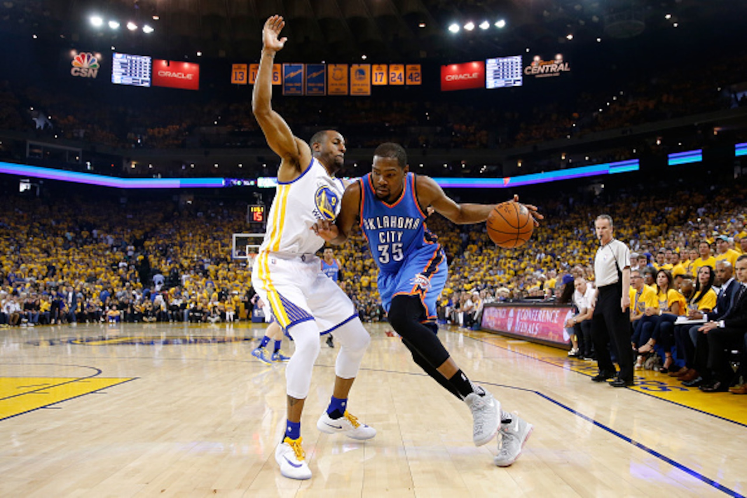 OAKLAND, CA - MAY 30:  Kevin Durant #35 of the Oklahoma City Thunder drives with the ball against Andre Iguodala #9 of the Golden State Warriors in Game Seven of the Western Conference Finals during the 2016 NBA Playoffs at ORACLE Arena on May 30, 2016 in
