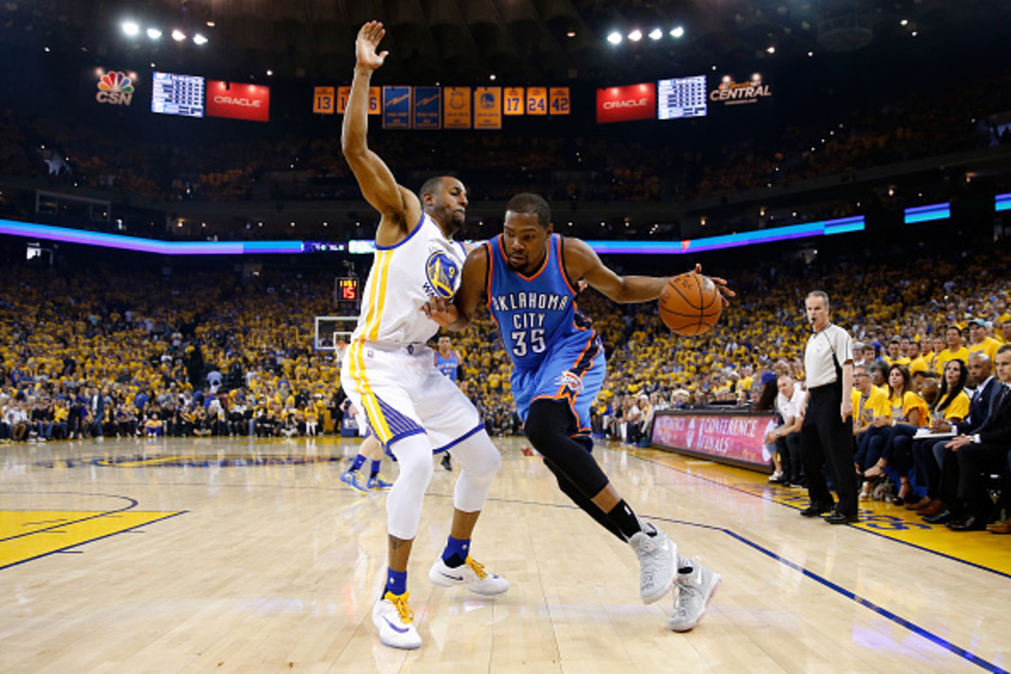 OAKLAND, CA - MAY 30:  Kevin Durant #35 of the Oklahoma City Thunder drives with the ball against Andre Iguodala #9 of the Golden State Warriors in Game Seven of the Western Conference Finals during the 2016 NBA Playoffs at ORACLE Arena on May 30, 2016 in