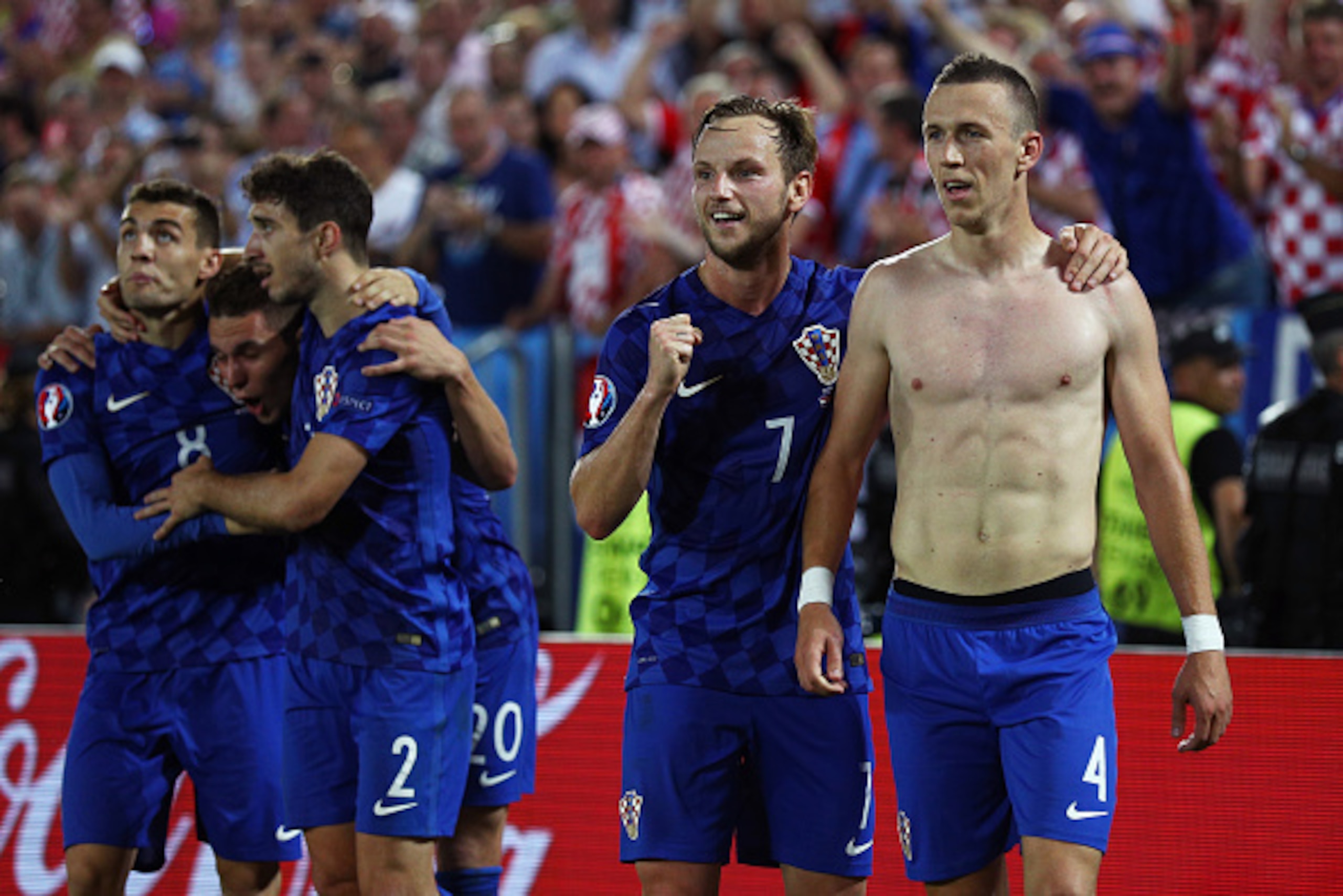 BORDEAUX, FRANCE - JUNE 21: Ivan Perisic (1st R) of Croatia celebrates scoring his team's second goal with his team mates during the UEFA EURO 2016 Group D match between Croatia and Spain at Stade Matmut Atlantique on June 21, 2016 in Bordeaux, France. BORDEAUX, FRANCE - JUNE 21: Ivan Perisic (1st R) of Croatia celebrates scoring his team's second goal with his team mates during the UEFA EURO 2016 Group D match between Croatia and Spain at Stade Matmut Atlantique on June 21, 2016 in Bordeaux, France.