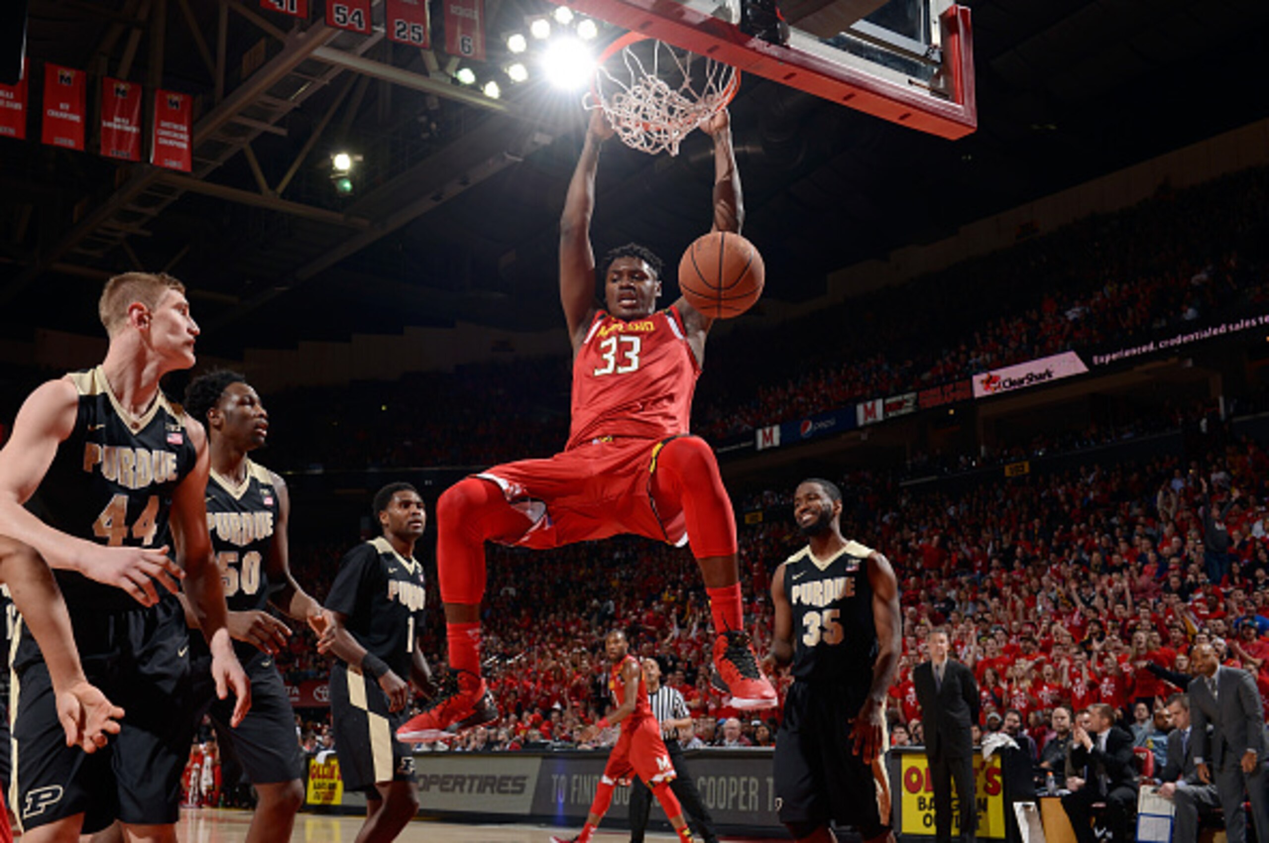 COLLEGE PARK, MD - FEBRUARY 06:  Diamond Stone #33 of the Maryland Terrapins dunks the ball against the Purdue Boilermakers at Xfinity Center on February 6, 2016 in College Park, Maryland.  (Photo by G Fiume/Maryland Terrapins/Getty Images)