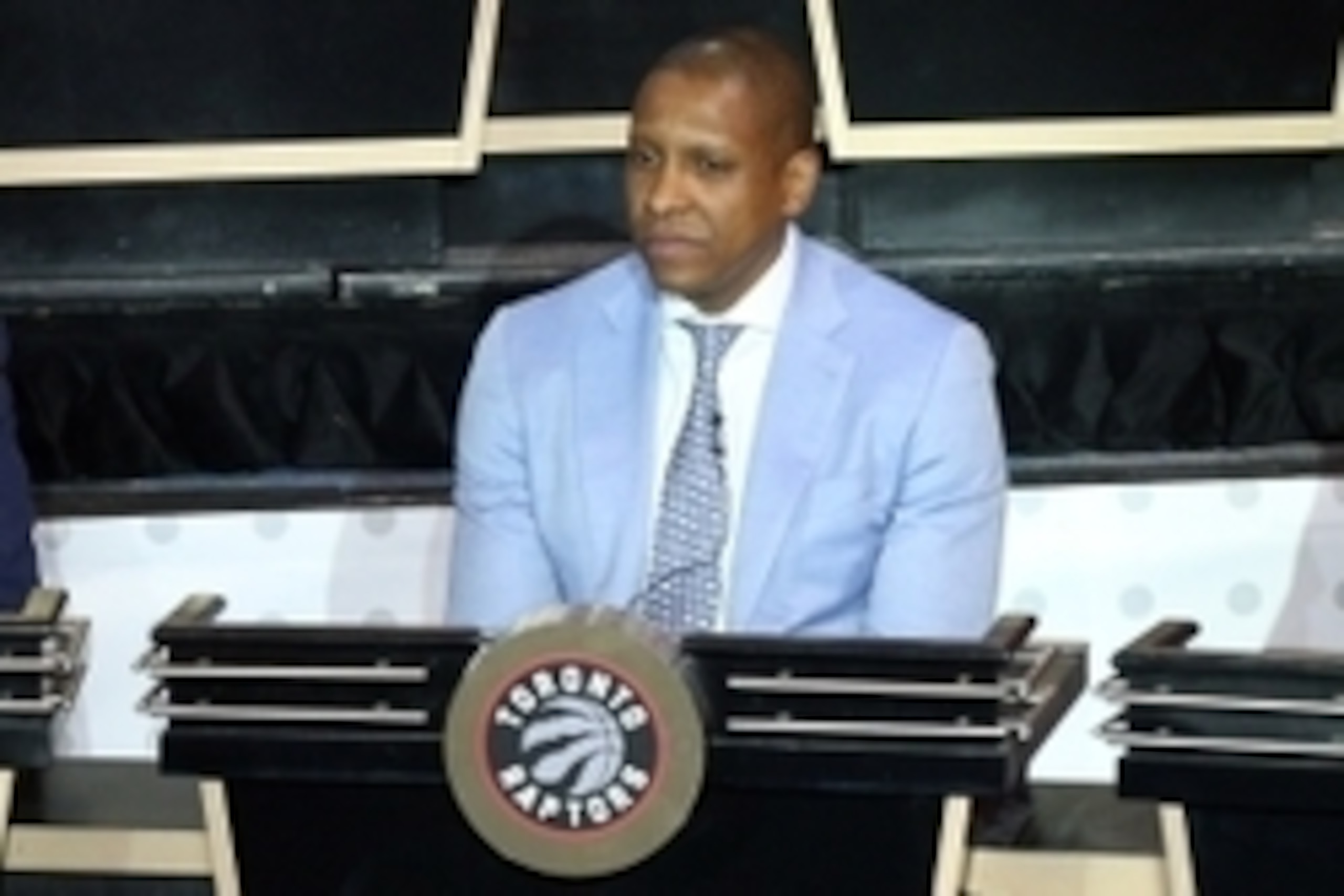 May 17, 2016; New York, NY, USA; Toronto Raptors general manager Masai Ujiri represents his team during the NBA draft lottery at New York Hilton Midtown. The Philadelphia 76ers received the first overall pick in the 2016 draft. Mandatory Credit: Brad Penn