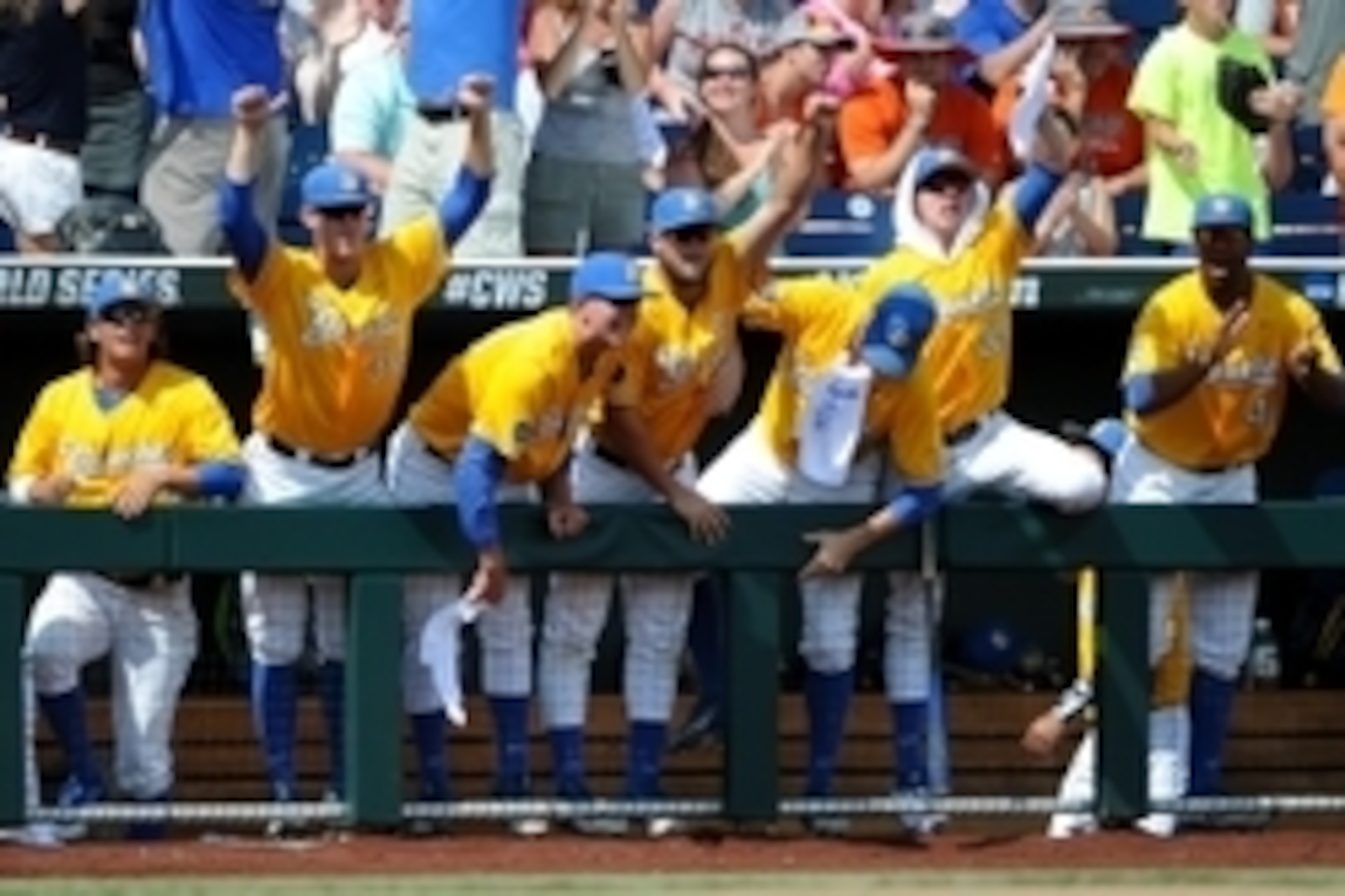 Jun 20, 2016; Omaha, NE, USA; UC Santa Barbara Gauchos bench cheers during action in the sixth inning against the Miami Hurricanes in the 2016 College World Series at TD Ameritrade Park. UC Santa Barbara defeated Miami 5-3. Mandatory Credit: Steven Bransc