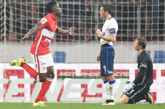 MOSCOW, RUSSIA - MAY 08: Quincy Promes of FC Spartak Moscow celebrates after scoring a goal during the Russian Premier League match between FC Spartak Moscow and FC Dinamo Moscow at the Arena Otkritie Stadium on May 08, 2016 in Moscow, Russia.  (Photo by 