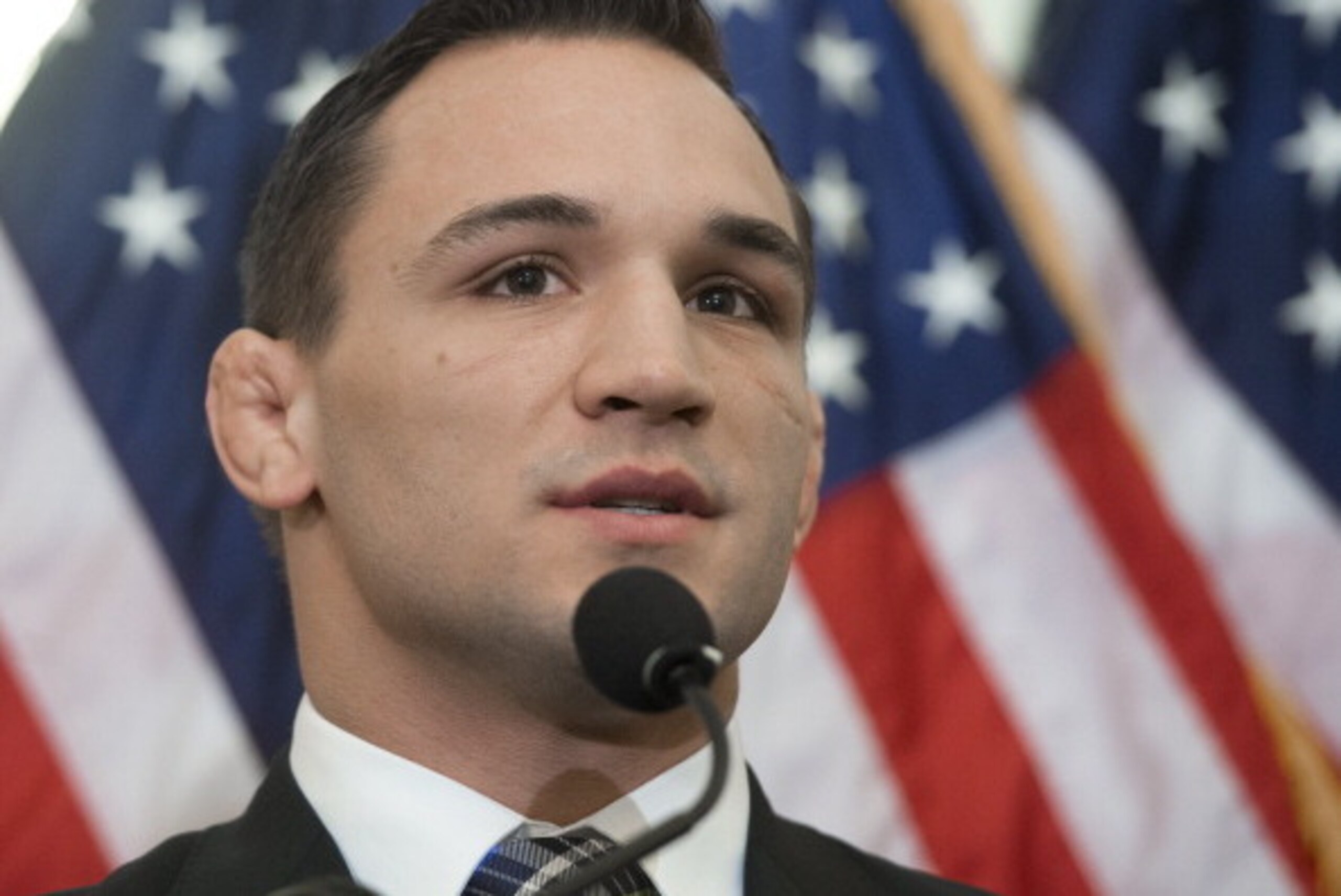 Former Bellator Mixed Martial Arts (MMA) lightweight champion Michael Chandler speaks during a press conference by professional boxing and fighting organizations as they pledge $600,000 in support of the Professional Fighters Brain Health Study by the Cle