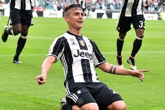 Juventus' forward from Argentina Paulo Dybala celebrates a goal during the Italian Serie A football match Juventus vs Sampdoria on May 14, 2016 at the 'Juventus Stadium' in Turin. Juventus celebrate a record-equalling fifth consecutive Serie A title. / AF