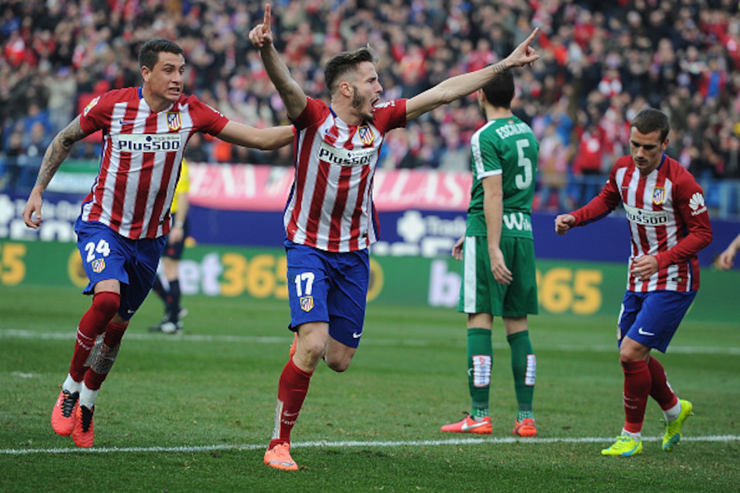 MADRID, SPAIN - FEBRUARY 06: Saul Niguez (R) of Club Atletico de Madrid celebrates with Jose Maria Gimenez after scoring his team's 2nd goal during the La Liga match between Club Atletico de Madrid and SD Eibar at Vicente Calderon Stadium on February 6, MADRID, SPAIN - FEBRUARY 06: Saul Niguez (R) of Club Atletico de Madrid celebrates with Jose Maria Gimenez after scoring his team's 2nd goal during the La Liga match between Club Atletico de Madrid and SD Eibar at Vicente Calderon Stadium on February 6,