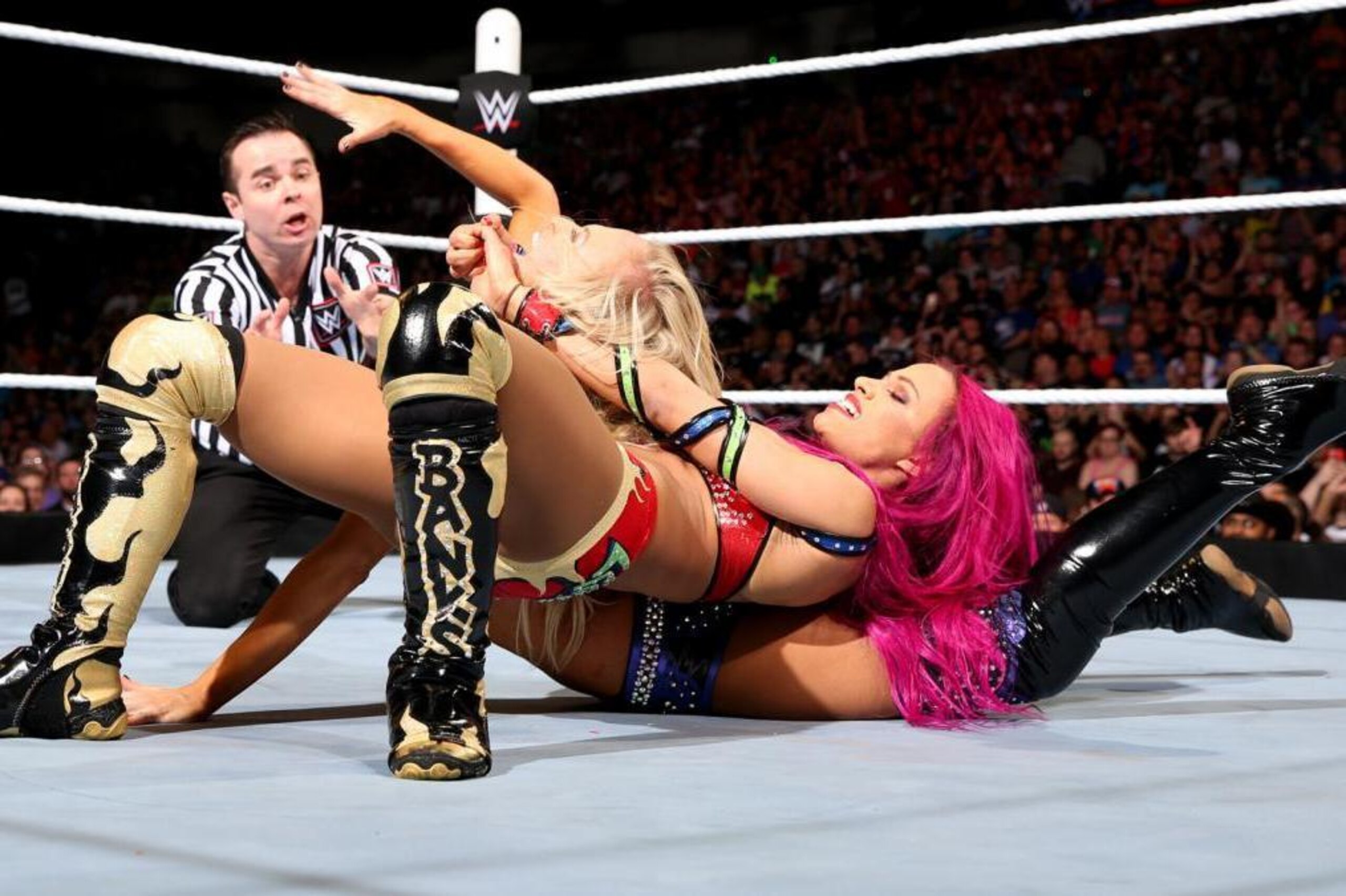 Sasha Banks puts Summer Rae in the Bank Statement. Sasha Banks puts Summer Rae in the Bank Statement.