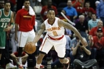 Apr 19, 2016; Atlanta, GA, USA; Atlanta Hawks guard Jeff Teague (0) brings the ball up the court in the first quarter of their game against the Boston Celtics of game two of the first round of the NBA Playoffs at Philips Arena. Mandatory Credit: Jason Get