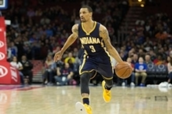 Apr 2, 2016; Philadelphia, PA, USA; Indiana Pacers guard George Hill (3) dribbles against the Philadelphia 76ers at Wells Fargo Center. The Indiana Pacers won 115-102. Mandatory Credit: Bill Streicher-USA TODAY Sports