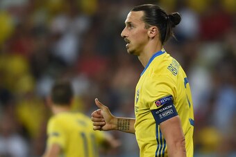 Sweden's forward Zlatan Ibrahimovic reacts during the Euro 2016 group E football match between Sweden and Belgium at the Allianz Riviera stadium in Nice on June 22, 2016. / AFP / BULENT KILIC        (Photo credit should read BULENT KILIC/AFP/Getty Images)