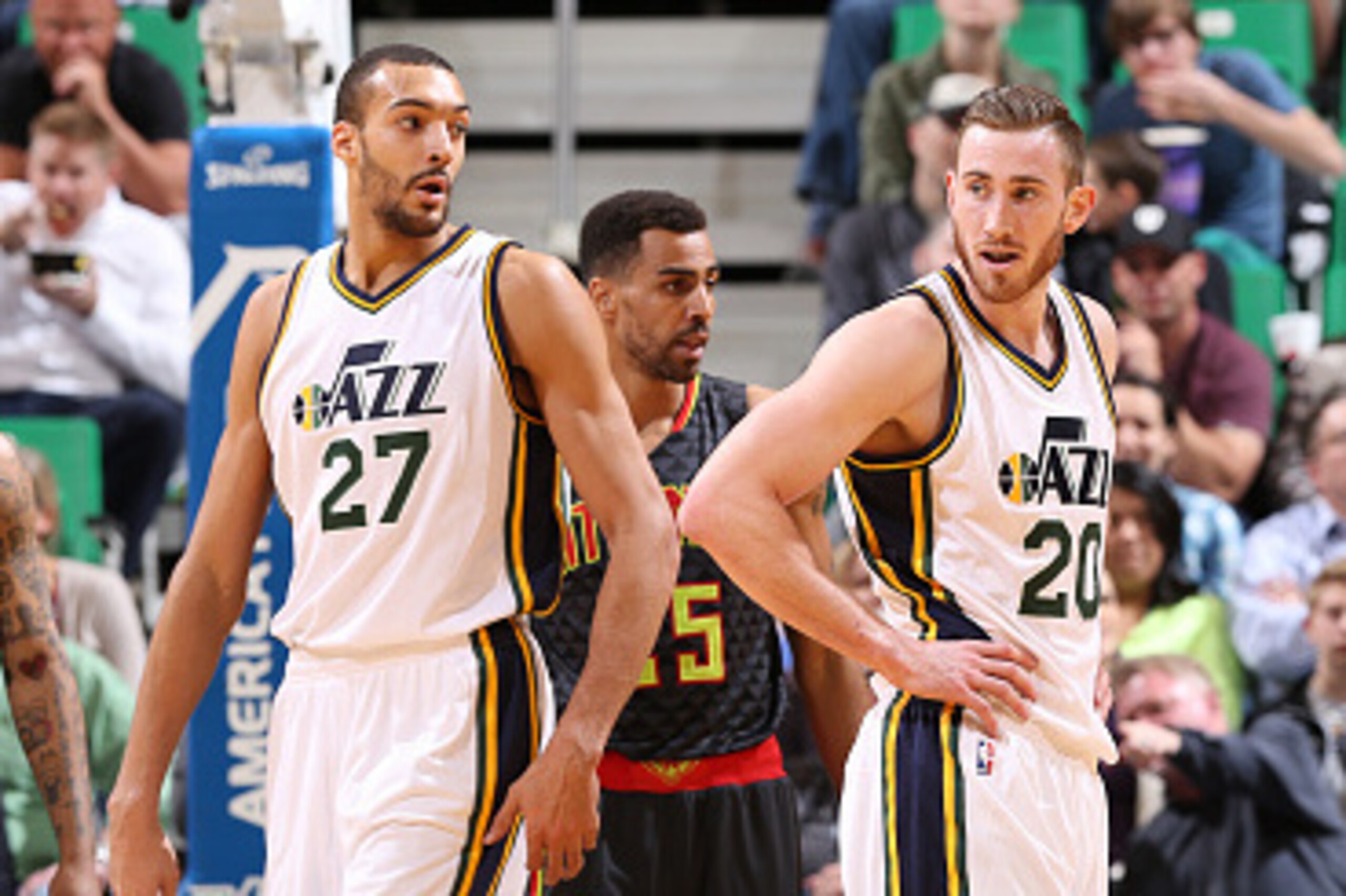 SALT LAKE CITY, UT - MARCH 8:  Rudy Gobert #27 of the Utah Jazz and Gordon Hayward #20 of the Utah Jazz talk during the game against the Atlanta Hawks on March 8, 2016 at vivint.SmartHome Arena in Salt Lake City, Utah. NOTE TO USER: User expressly acknowl