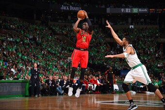 BOSTON, MA - APRIL 28: Tim Hardaway Jr. #10 of the Atlanta Hawks shoots the ball during the game against the Boston Celtics in Game Six of the Eastern Conference Quarterfinals during the 2016 NBA Playoffs on April 28, 2016 at TD Garden in Boston, Massachu