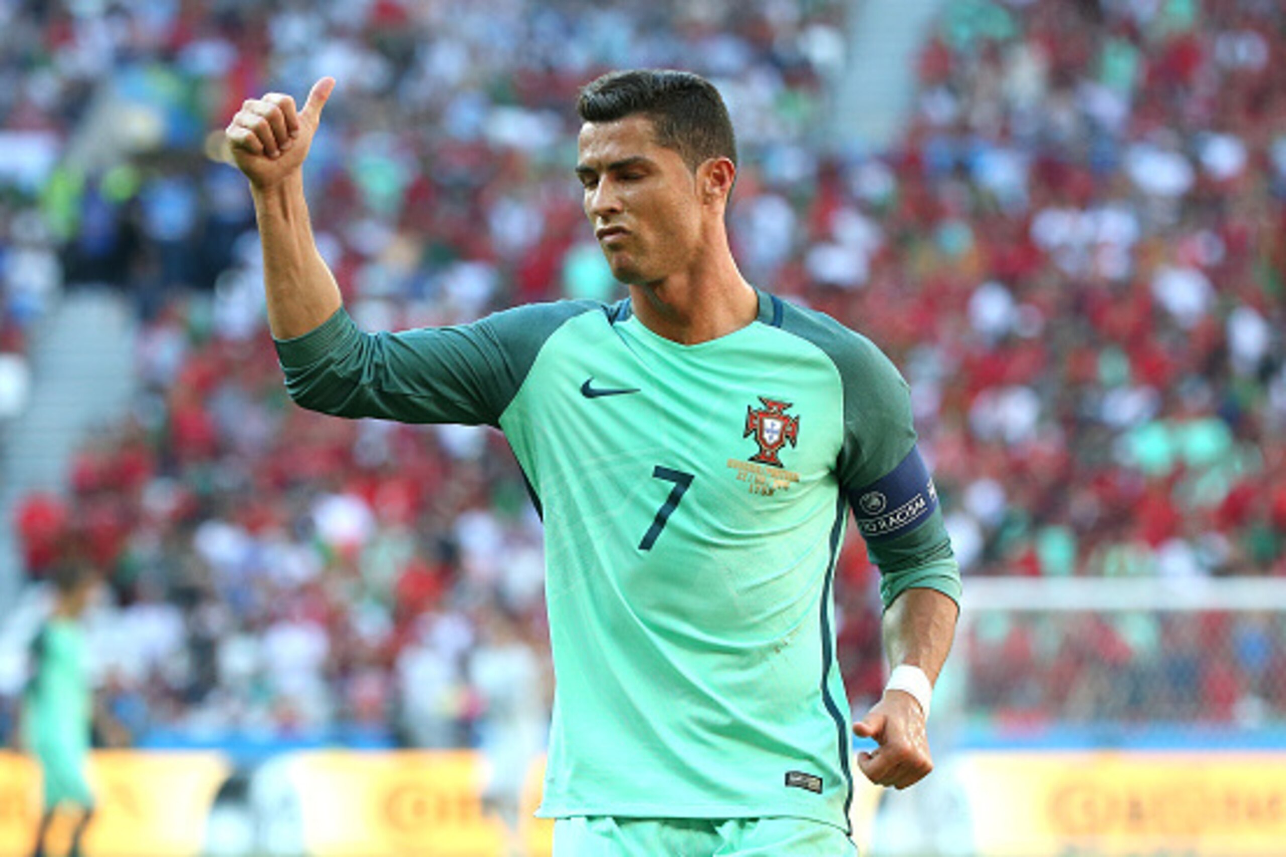 LYON, FRANCE - JUNE 22: Cristiano Ronaldo of Portugal reacts during the UEFA EURO 2016 Group F match between Hungary and Portugal at Stade des Lumieres on June 22, 2016 in Lyon, France. (Photo by Jean Catuffe/Getty Images)