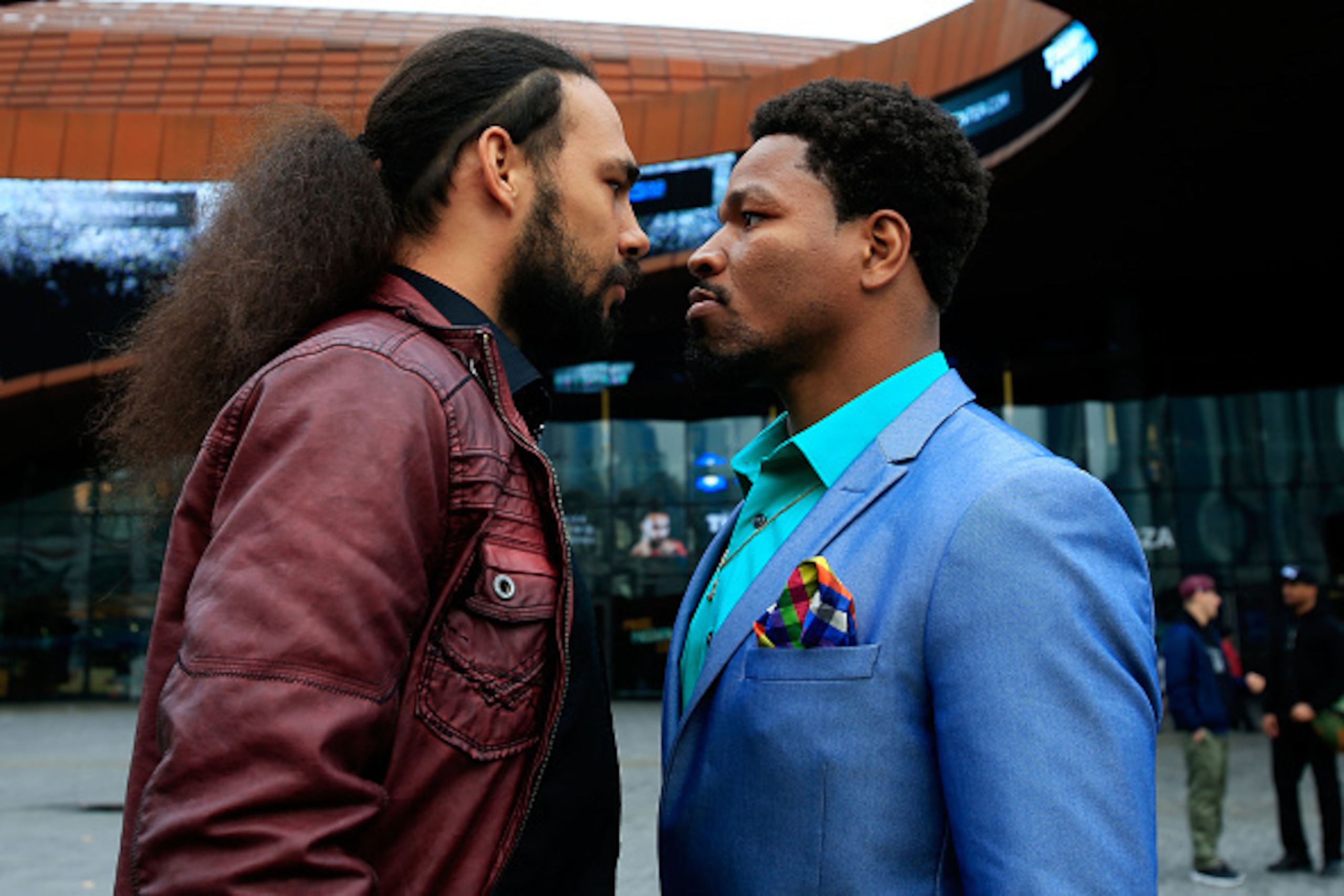 NEW YORK, NY - APRIL 26:  Welterweight world champion Keith Thurman (L) and former world champion Shawn Porter pose outside the Barclays Center on April 26, 2016 in the Brooklyn borough of New York City. Thurman and Porter are scheduled to fight in a Worl