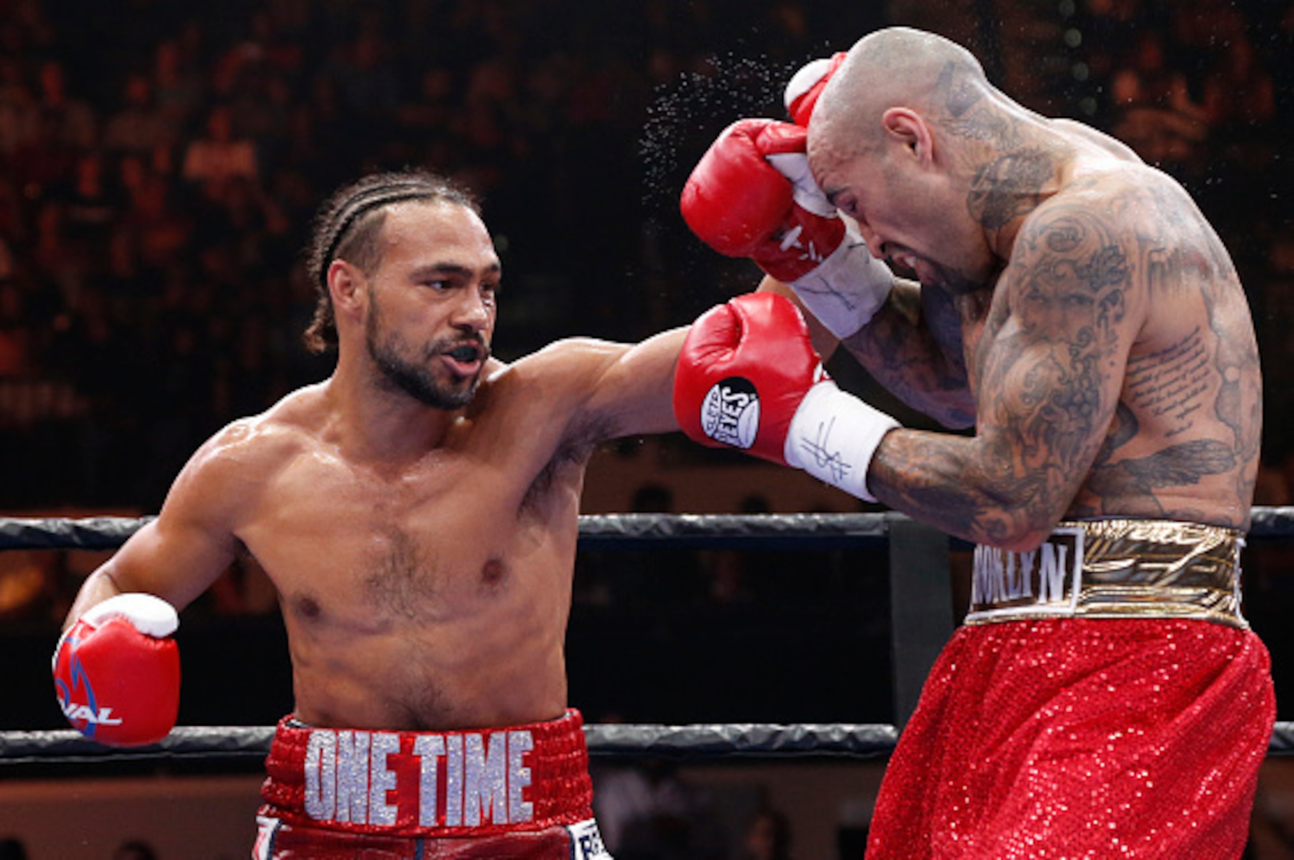 TAMPA, FL - JULY 11:  Keith Thurman (L) exchanges blows with Luis Collazo during their WBA Welterweight fight on July 11, 2015 at the USF Sun Dome in Tampa, Florida.  (Photo by Brian Blanco/Getty Images)