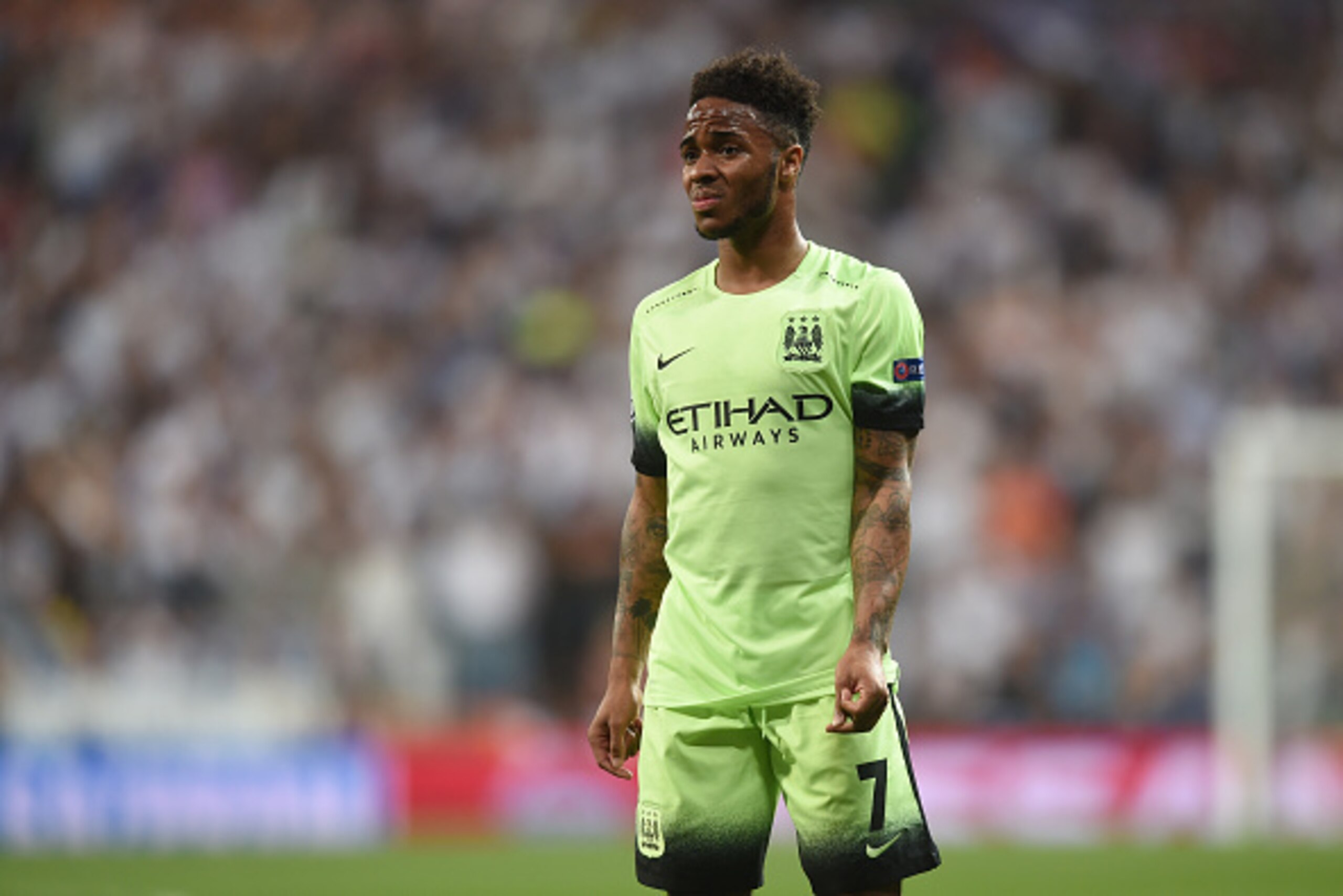 MADRID, ENGLAND - MAY 04:  Raheem Sterling of Manchester City looks dejected during the UEFA Champions League semi final, second leg match between Real Madrid and Manchester City FC at Estadio Santiago Bernabeu on May 4, 2016 in Madrid, Spain.  (Photo by 