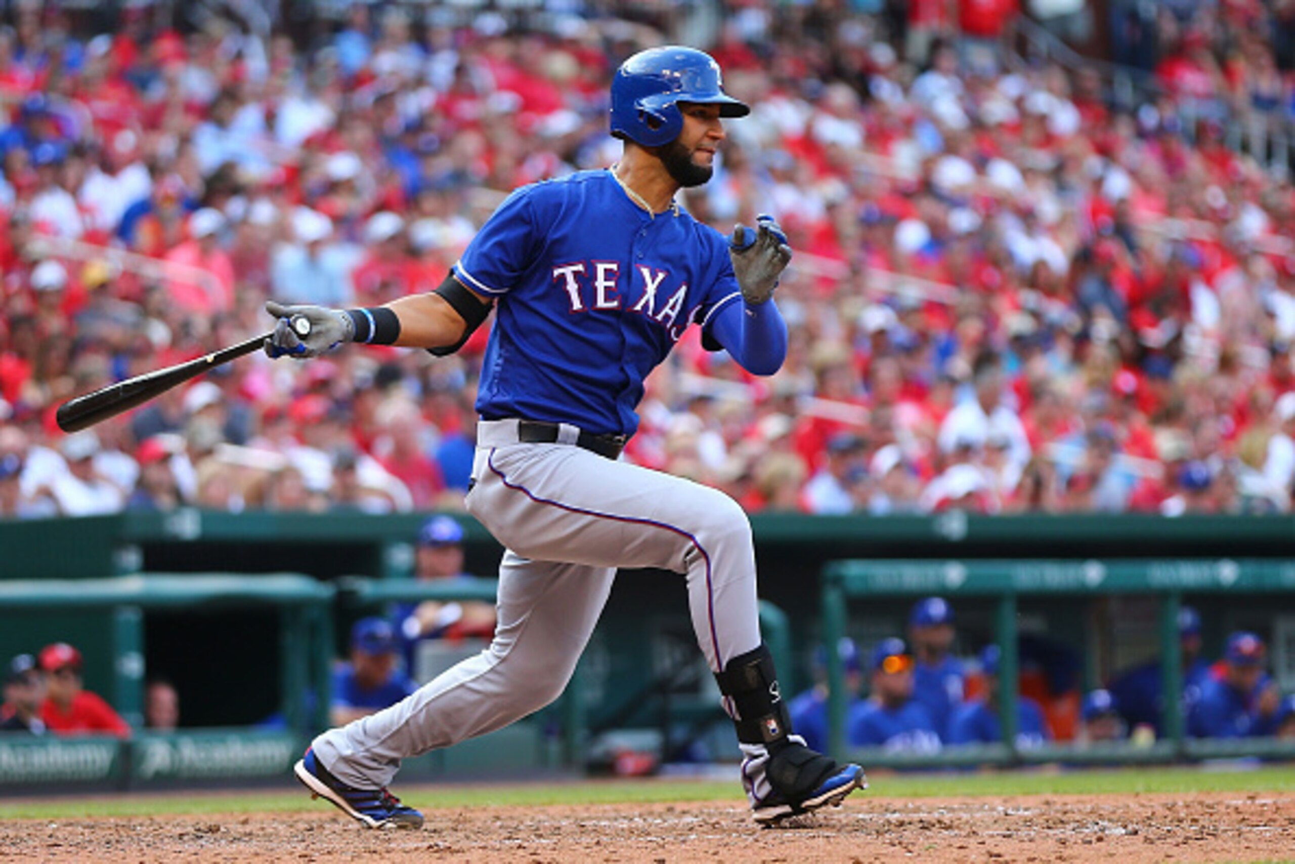 ST. LOUIS, MO - JUNE 18: Nomar Mazara #30 of the Texas Rangers drives in a run on a fielding error against the St. Louis Cardinals in the eighth inning  at Busch Stadium on June 18, 2016 in St. Louis, Missouri.  (Photo by Dilip Vishwanat/Getty Images)