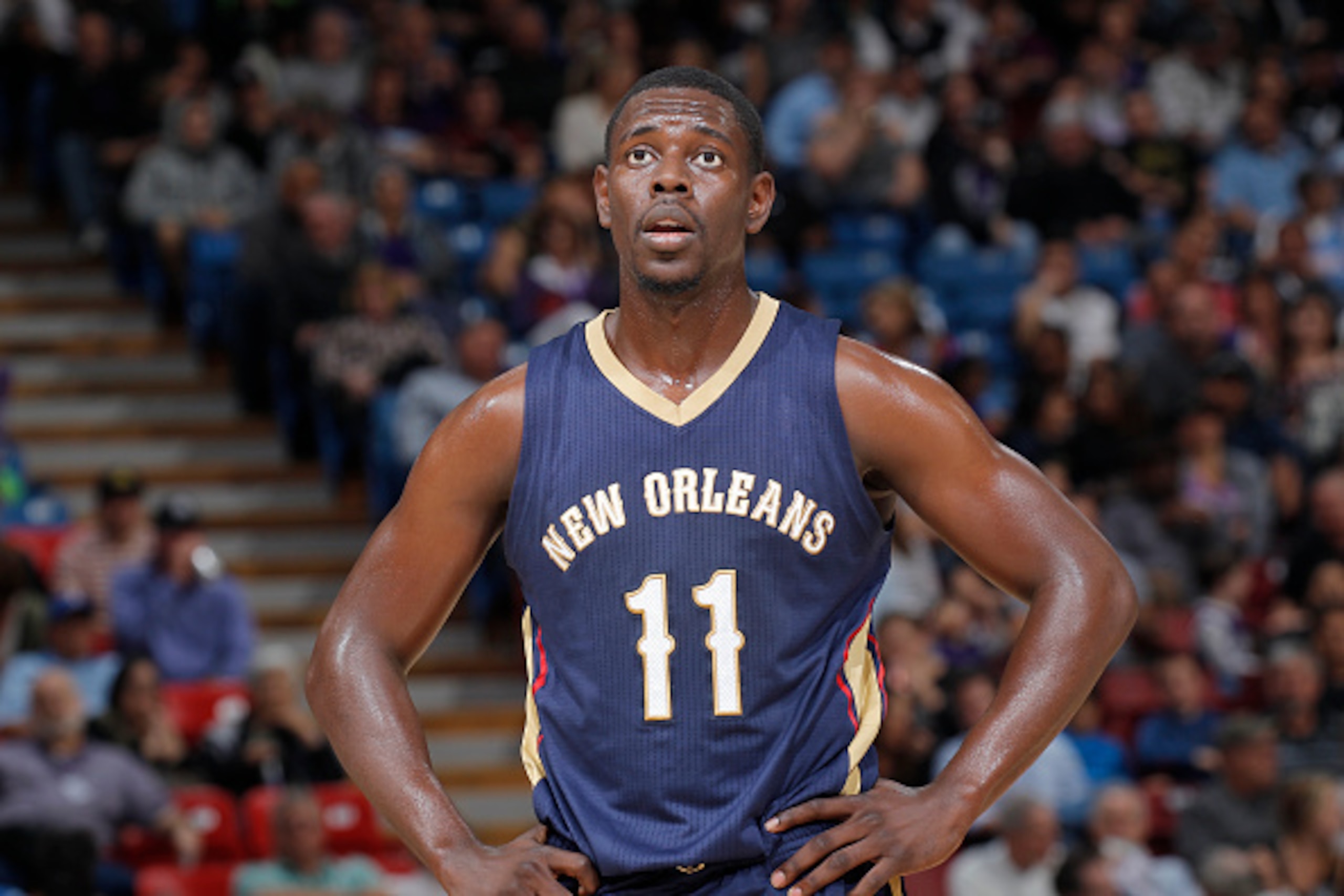 SACRAMENTO, CA - MARCH 16: Jrue Holiday #11 of the New Orleans Pelicans looks on during the game against the Sacramento Kings on March 16, 2016 at Sleep Train Arena in Sacramento, California. NOTE TO USER: User expressly acknowledges and agrees that, by d
