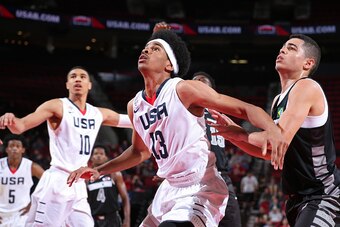 PORTLAND, OR - APRIL 9:  Jarrett Allen #13 of the USA Junior Select Team waits for a rebound against the World Select Team during the 2016 Nike Hoop Summit on April 9, 2016 at the MODA Center Arena in Portland, Oregon. NOTE TO USER: User expressly acknowl