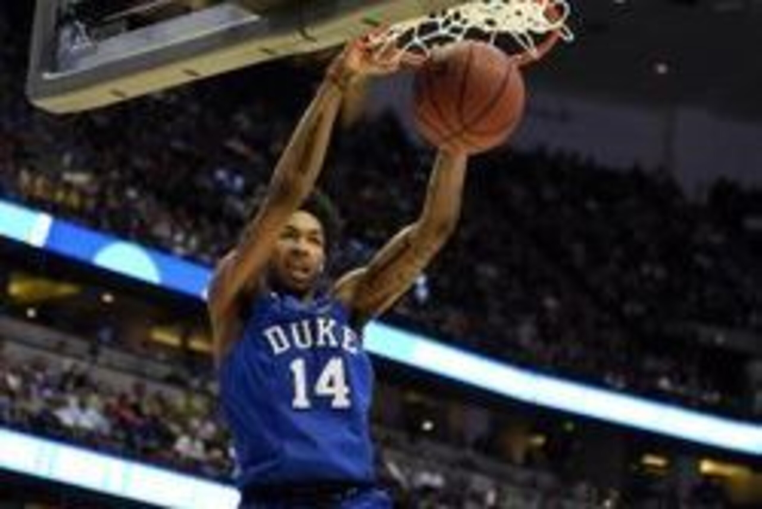 March 24, 2016; Anaheim, CA, USA; Duke Blue Devils guard Brandon Ingram (14) dunks to score a basket against Oregon Ducks during the second half  of the semifinal game in the West regional of the NCAA Tournament at Honda Center. Mandatory Credit: Richard 