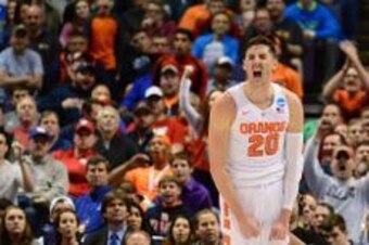 Mar 20, 2016; St. Louis, MO, USA; Syracuse Orange forward Tyler Lydon (20) reacts during the first half of the second round against the Middle Tennessee Blue Raiders in the 2016 NCAA Tournament at Scottrade Center. Mandatory Credit: Jeff Curry-USA TODAY S