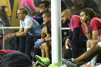 USA's Jurgen Klinsmann (L) is pictured during the Copa America Centenario semifinal football match against Argentina in Houston, Texas, United States, on June 21, 2016.  / AFP / Omar Torres        (Photo credit should read OMAR TORRES/AFP/Getty Images)