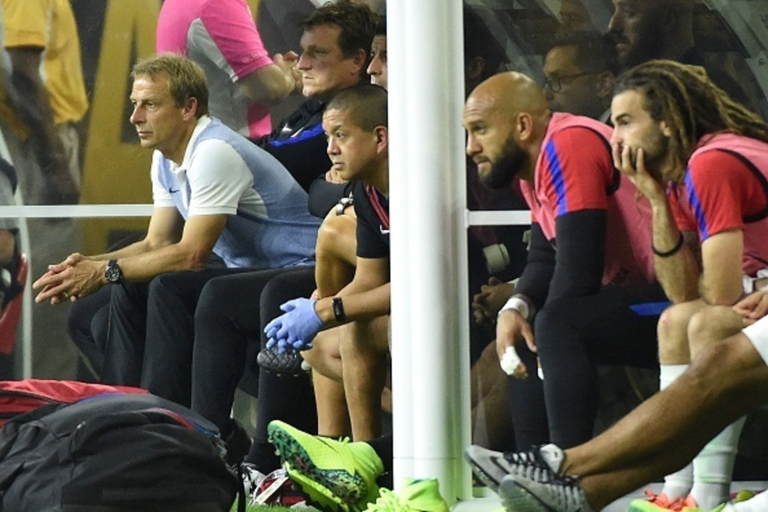 USA's Jurgen Klinsmann (L) is pictured during the Copa America Centenario semifinal football match against Argentina in Houston, Texas, United States, on June 21, 2016.  / AFP / Omar Torres        (Photo credit should read OMAR TORRES/AFP/Getty Images)