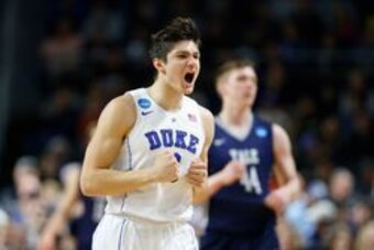 Mar 19, 2016; Providence, RI, USA; Duke Blue Devils guard Grayson Allen (3) reacts after scoring against the Yale Bulldogs during the first half of a second round game of the 2016 NCAA Tournament at Dunkin Donuts Center. Mandatory Credit: Winslow Townson-
