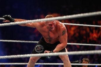 NEW YORK, NY - AUGUST 23:  Brock Lesnar in action during his fight against The Undertaker at the WWE SummerSlam 2015 at Barclays Center of Brooklyn on August 23, 2015 in New York City.  (Photo by JP Yim/Getty Images)