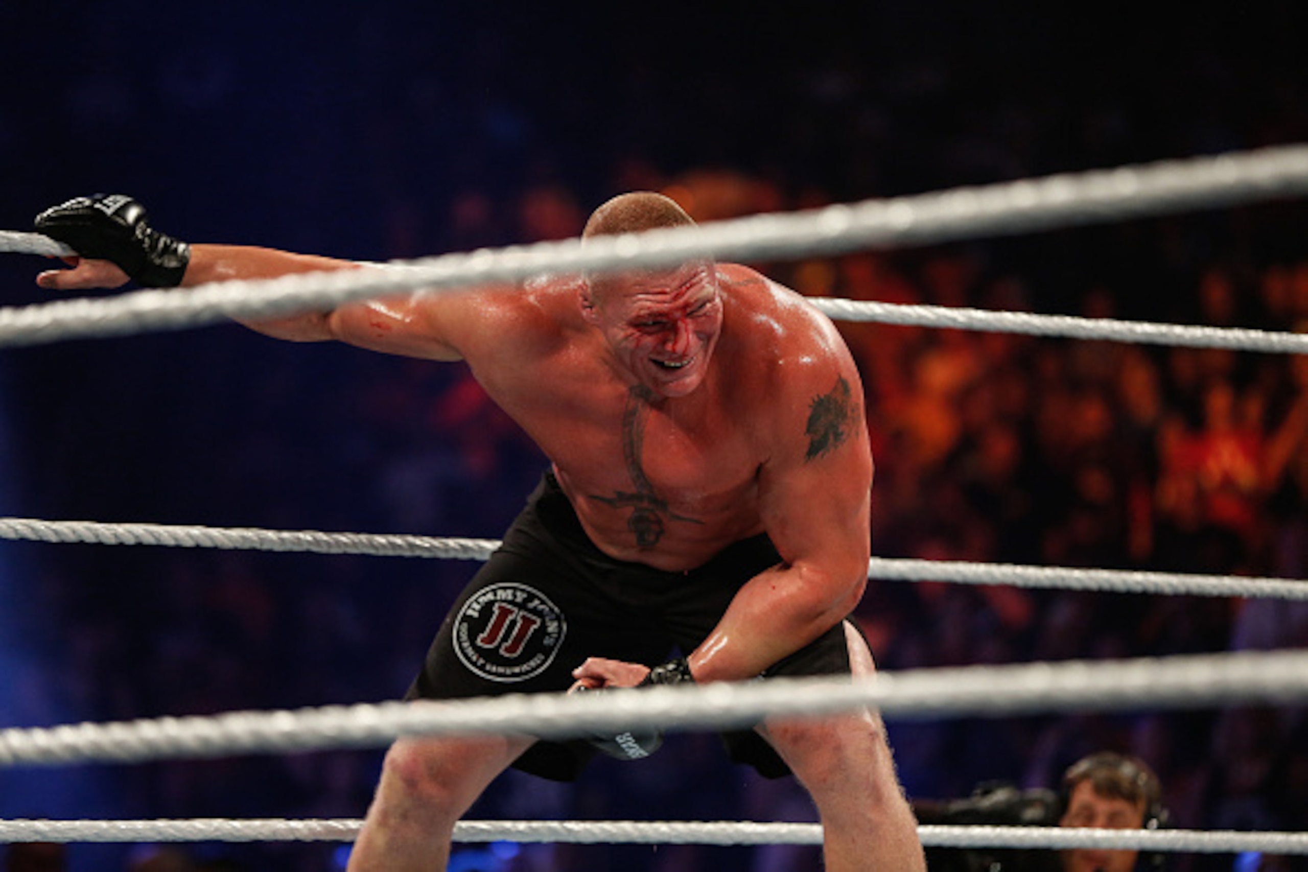 NEW YORK, NY - AUGUST 23:  Brock Lesnar in action during his fight against The Undertaker at the WWE SummerSlam 2015 at Barclays Center of Brooklyn on August 23, 2015 in New York City.  (Photo by JP Yim/Getty Images)