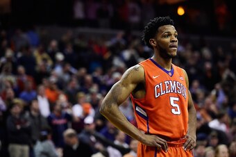 CHARLOTTESVILLE, VA - JANUARY 19:  Jaron Blossomgame #5 of the Clemson Tigers reacts after a play in the second half during a game against the Virginia Cavaliers at John Paul Jones Arena on January 19, 2016 in Charlottesville, Virginia. The Virginia Caval