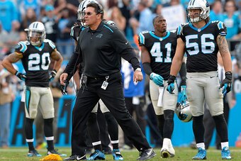 CHARLOTTE, NC - DECEMBER 13:  Head coach Ron Rivera of the Carolina Panthers yells for his team to get back to their sidelie after being call for unsportsmanlike conduct during their game against the Atlanta Falcons at Bank of America Stadium on December 